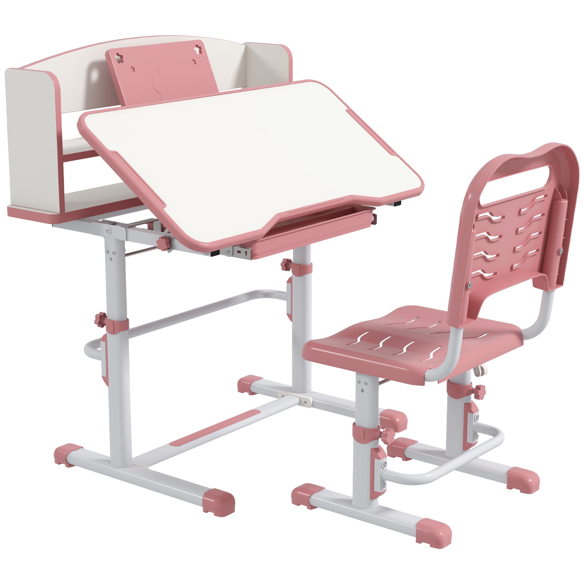 ZONEKIZ Height Adjustable Kids Study Table and Chair Set, with Drawer, Storage Shelf, 80 x 54.5 x 104 cm, Pink - North Peak Garden Furniture
