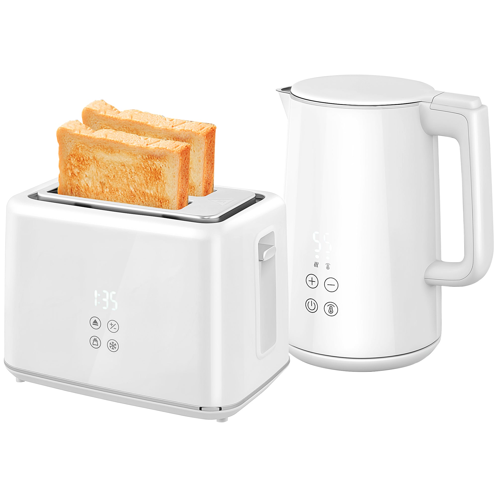 HOMCOM Kettle and Toaster Set, 1.5L 3000W Fast Boil Kettle with Insulation & 2 Slice Toaster Kitchen Set with 7 Level Browning Controls, Defrost, Reheat and Crumb Tray, Cream White - North Peak Garden Furniture