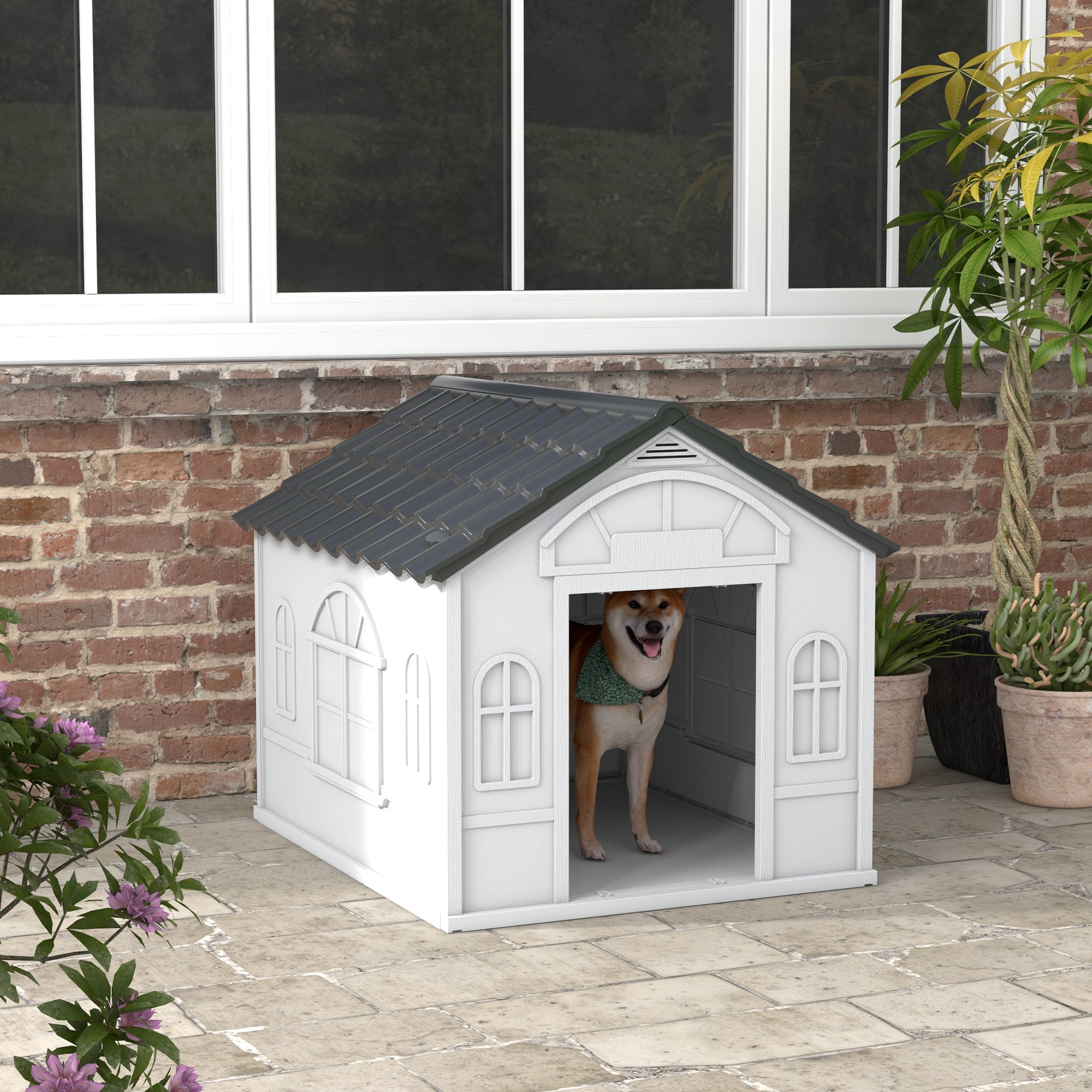 PawHut Plastic Weather-Resistant Dog House, for Indoors and Outdoors, Large Dogs - Grey - North Peak Garden Furniture