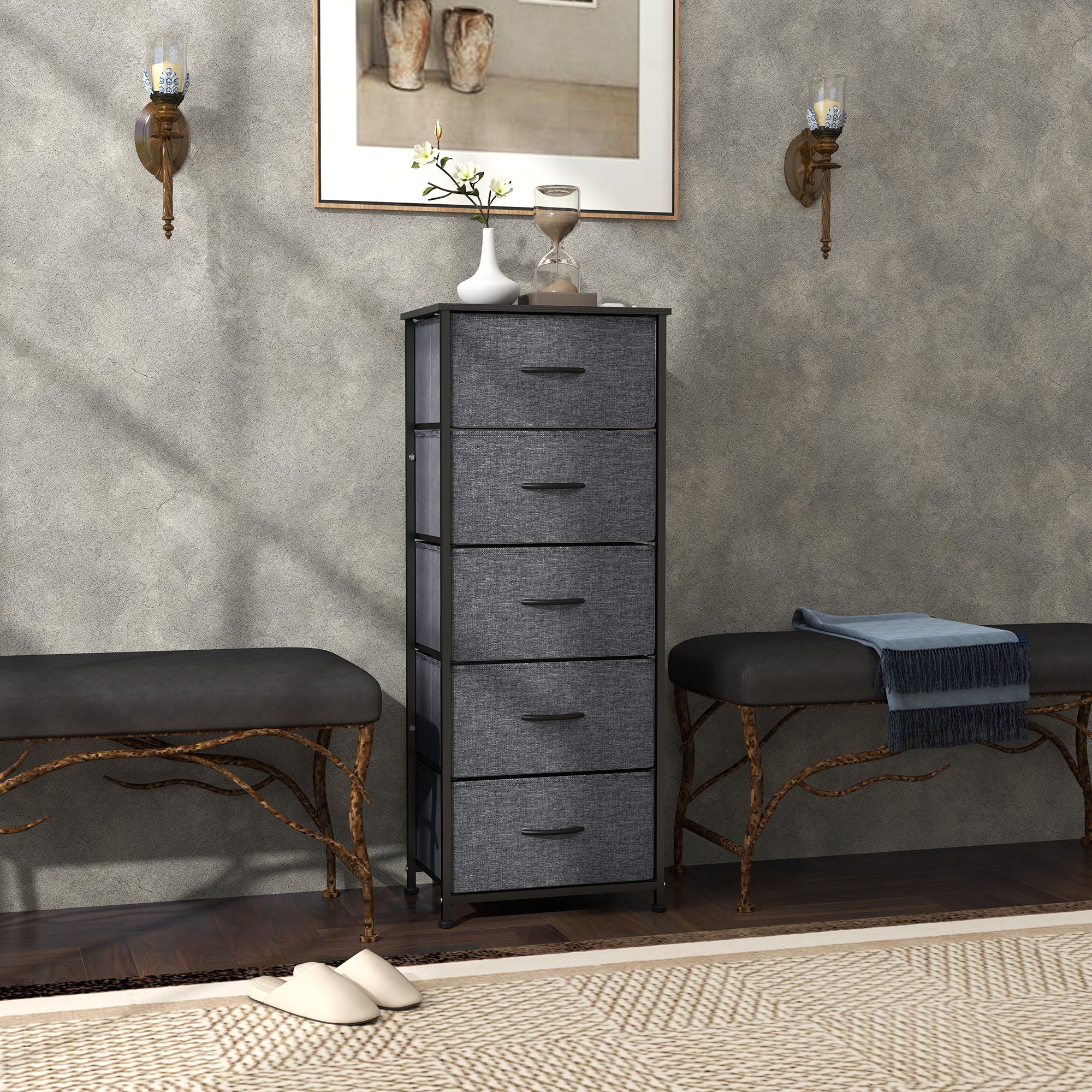 HOMCOM Fabric Chest of Drawers, Storage Drawers, Industrial Bedroom Dresser with 5 Fabric Drawers, Steel Frame and Wooden Top for Nursery, Living Room, Hallway, Dark Grey - North Peak Garden Furniture