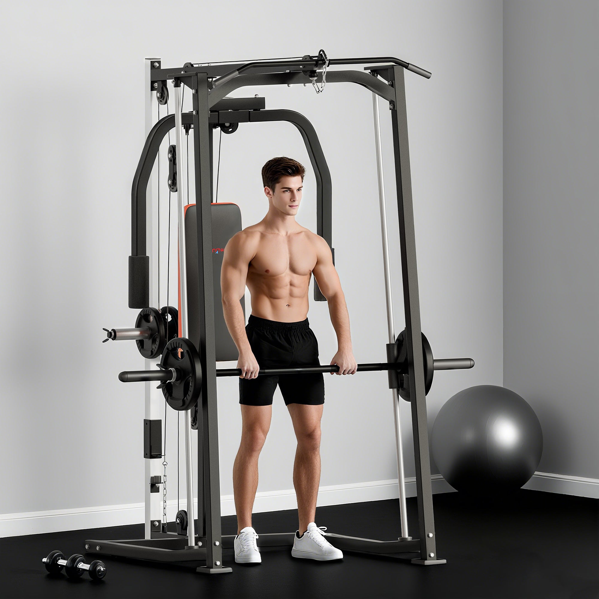 SPORTNOW 3-in-1 Smith Machine with Dual Cable Pulley System, Chest Press Station, 17-Level Squat Rack and Barbell Bar