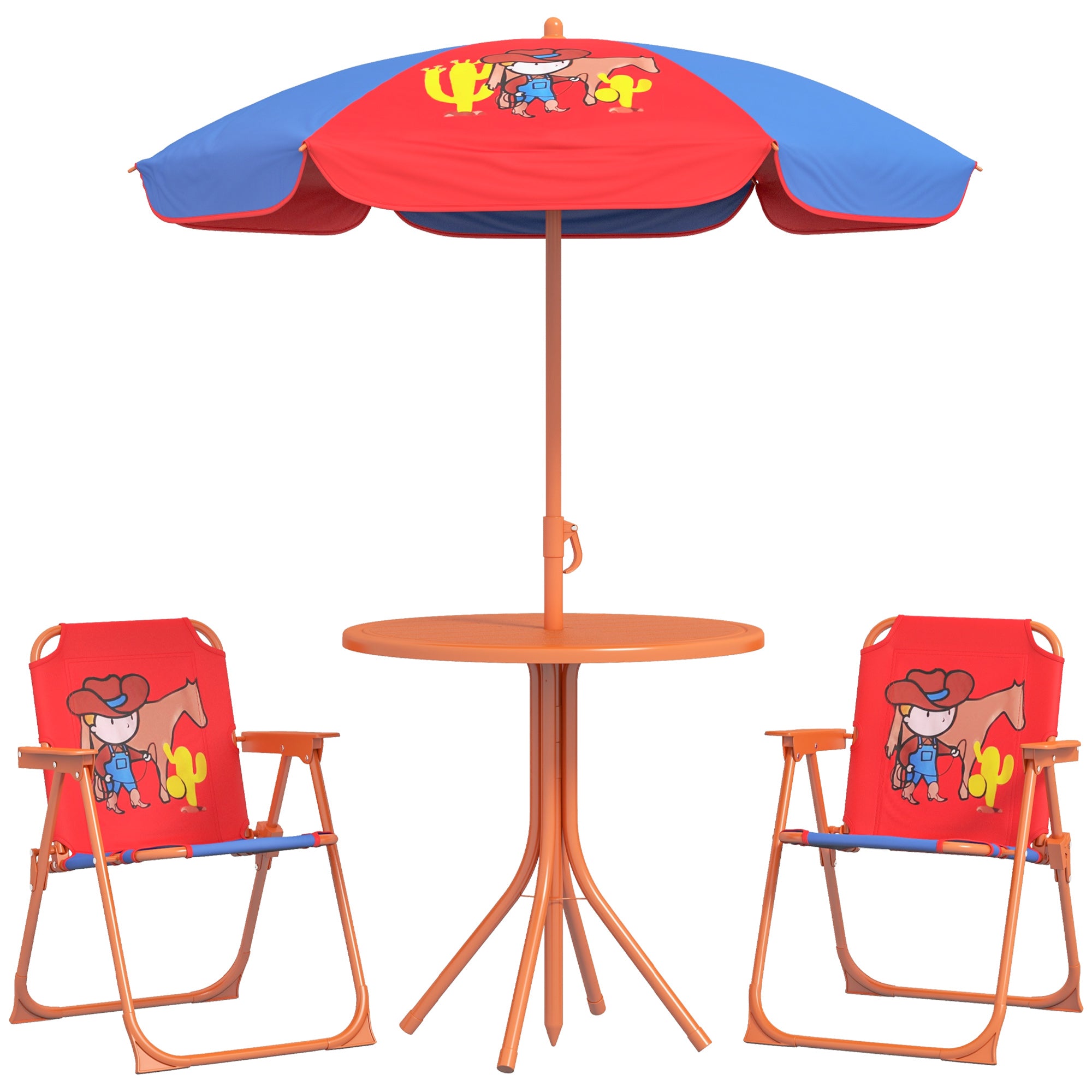Outsunny Kids Picnic Table and Chair Set, Cowboy Themed Outdoor Garden Furniture w/ Foldable Chairs, Adjustable Parasol - North Peak Garden Furniture