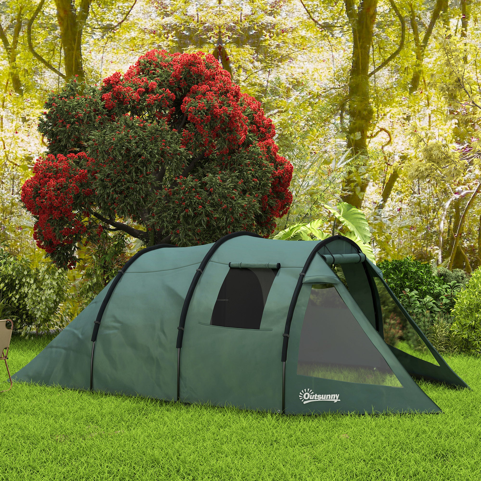 Outsunny Two Room Tunnel Tent Camping Tent for 3-4 Man with Windows, Covers, Carry Bag, for Fishing, Hiking, Sports, Green - North Peak Garden Furniture