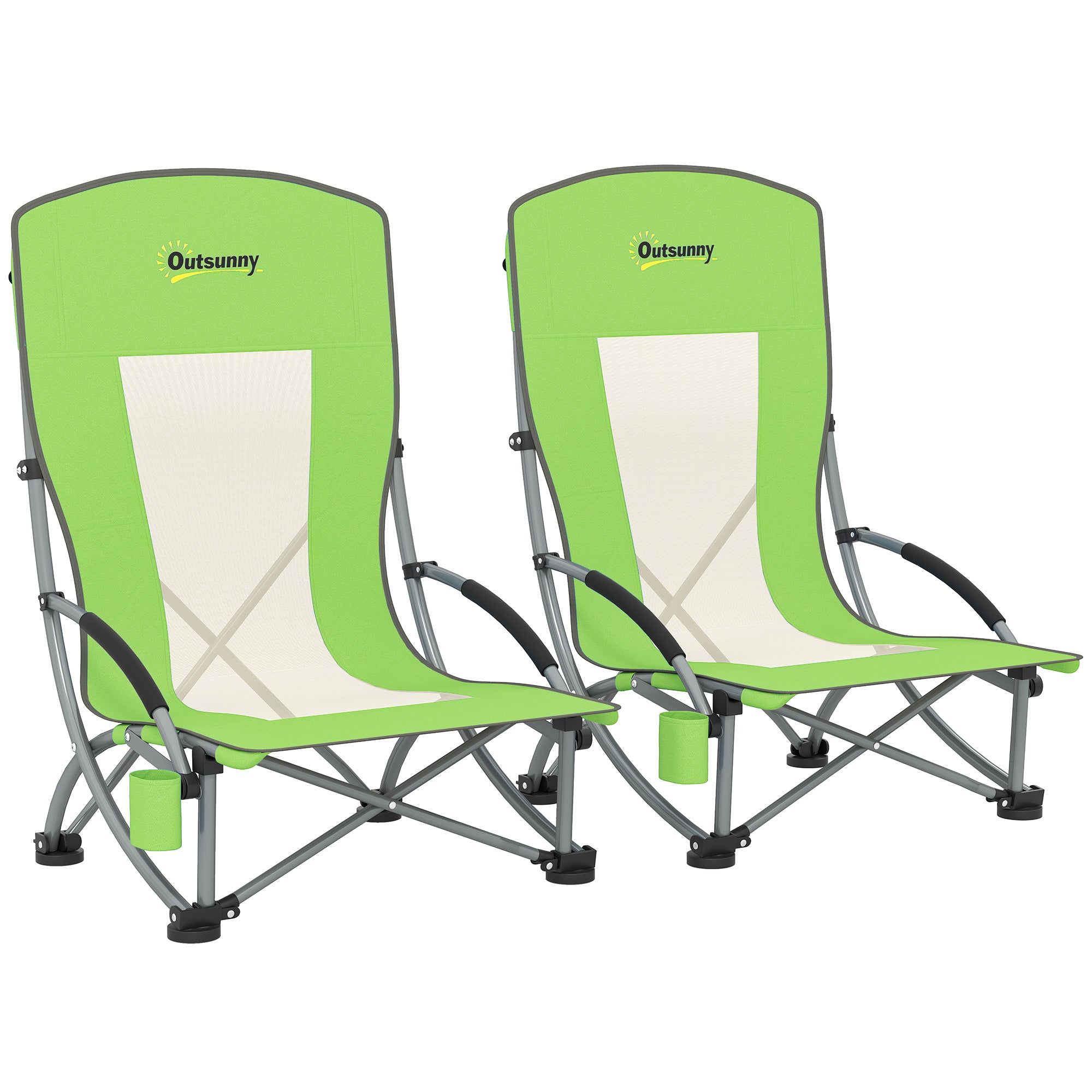 Outsunny Set of 2 Folding Beach Chair, Low Camping Chair with Mesh Back, Carry Bag and Cup Holder for Garden Outdoor Picnic Festival Travel, Green - North Peak Garden Furniture