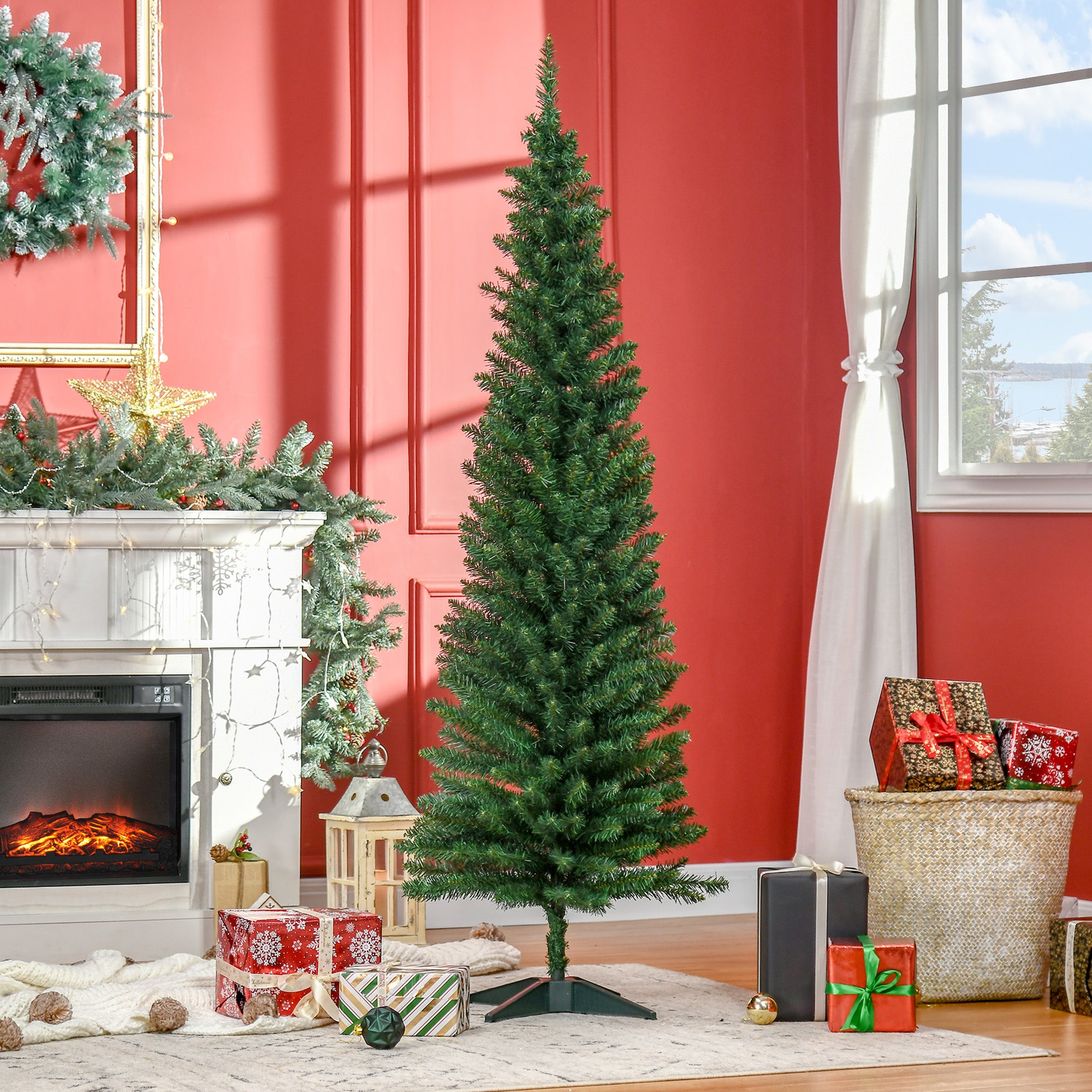 HOMCOM 6ft Unlit Artificial Christmas Tree, Pencil Slim Xmas Tree with Solid Stand and Realistic Branches, Green - North Peak Garden Furniture