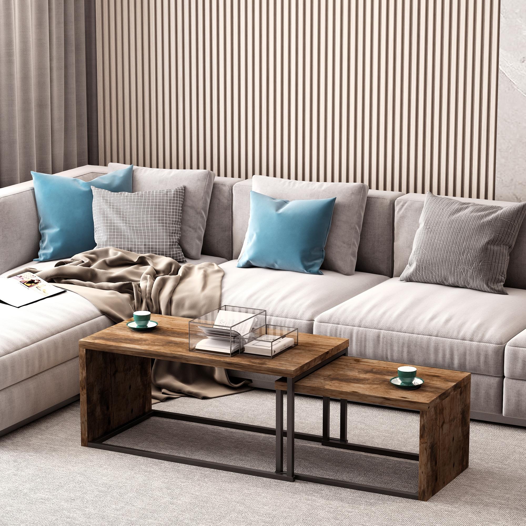 HOMCOM Coffee Tables Nesting Table Set of 2 Side Table w/ Metal Frame for Living Room Bedroom Black & Brown - North Peak Garden Furniture