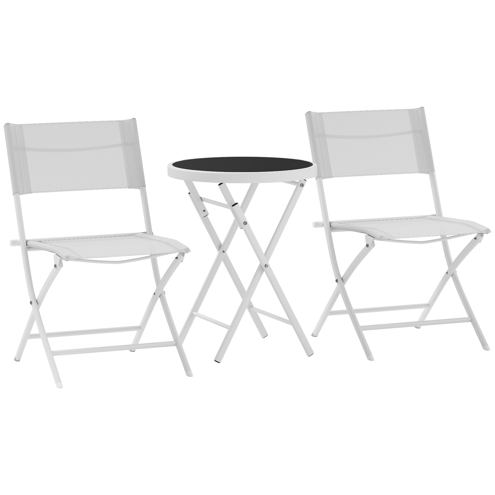 Outsunny 3 Pieces Outdoor Bistro Set, Glass Top Outdoor Table and 2 Folding Chairs with Protecting Feet, White - North Peak Garden Furniture