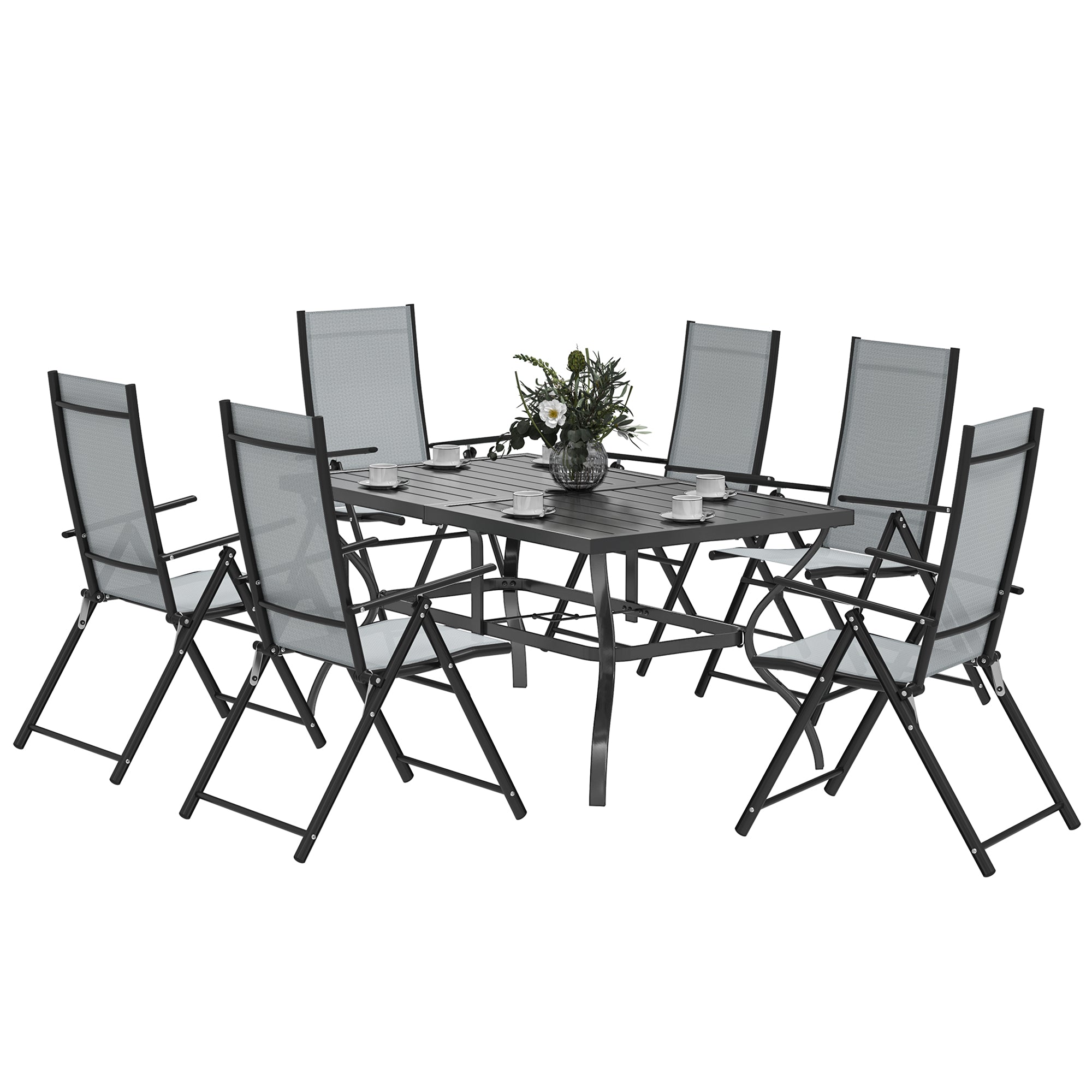 Outsunny Seven-Piece Steel Outdoor Dining Set, with Parasol Hole - Grey - North Peak Garden Furniture