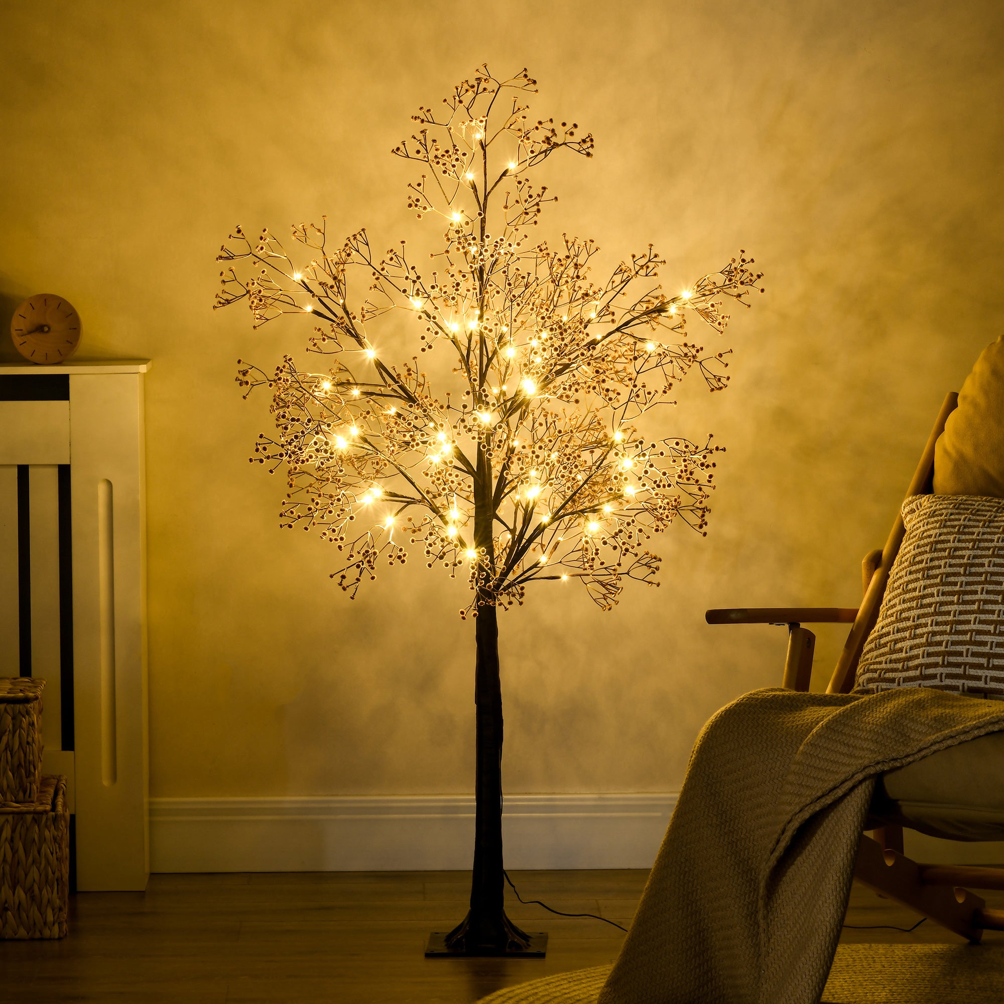HOMCOM 4ft Artificial Gypsophila Blossom Tree Light with 72 Warm White LED Light, Baby Breath Flowers for Home Party Wedding, Indoor and Outdoor Use - North Peak Garden Furniture