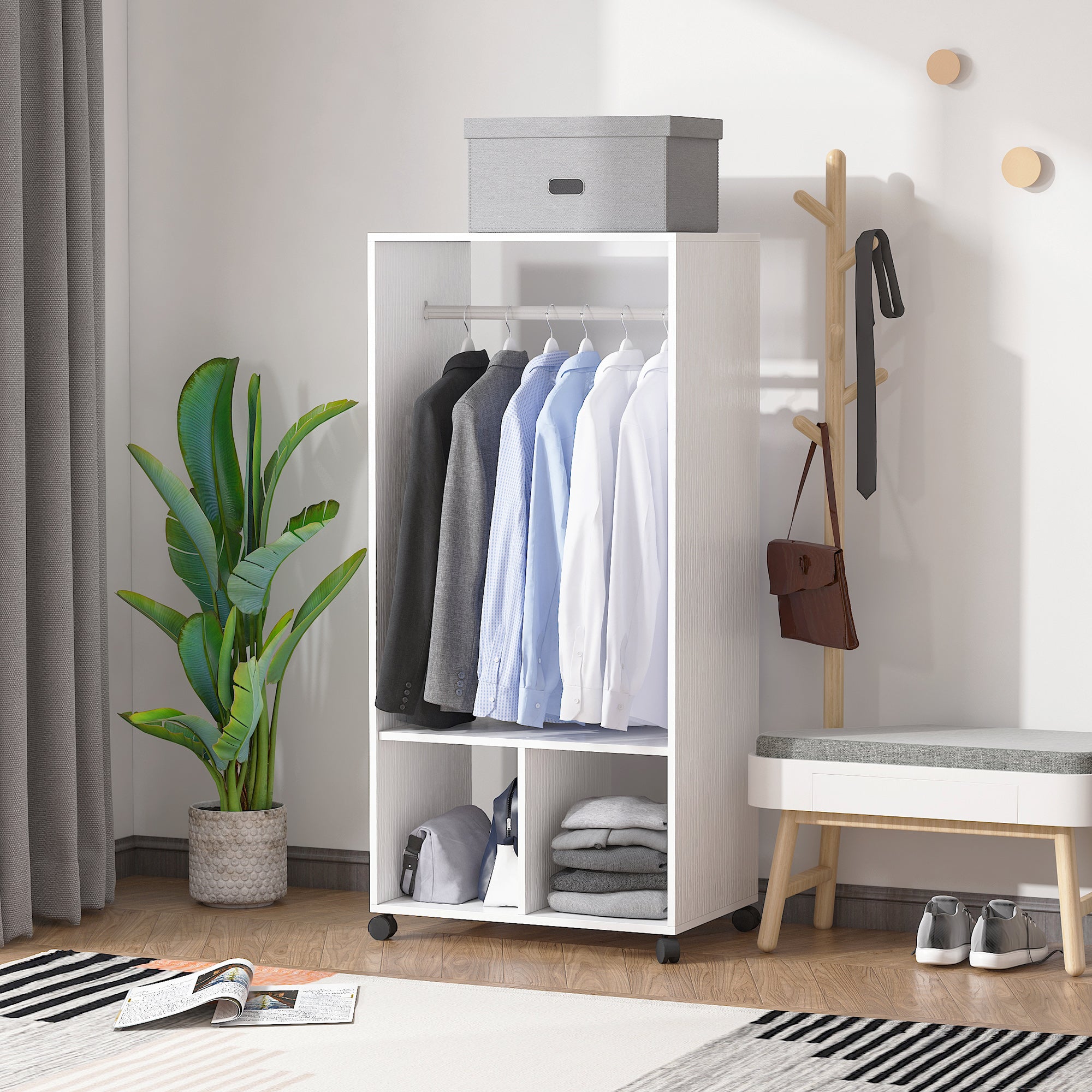HOMCOM Open Wardrobe for Bedroom, Small Wardrobe on Wheels with Clothes Rail, Storage Shelves, Mobile Garment Rack for Clothes Storage, Cloakroom, Hallway, White - North Peak Garden Furniture