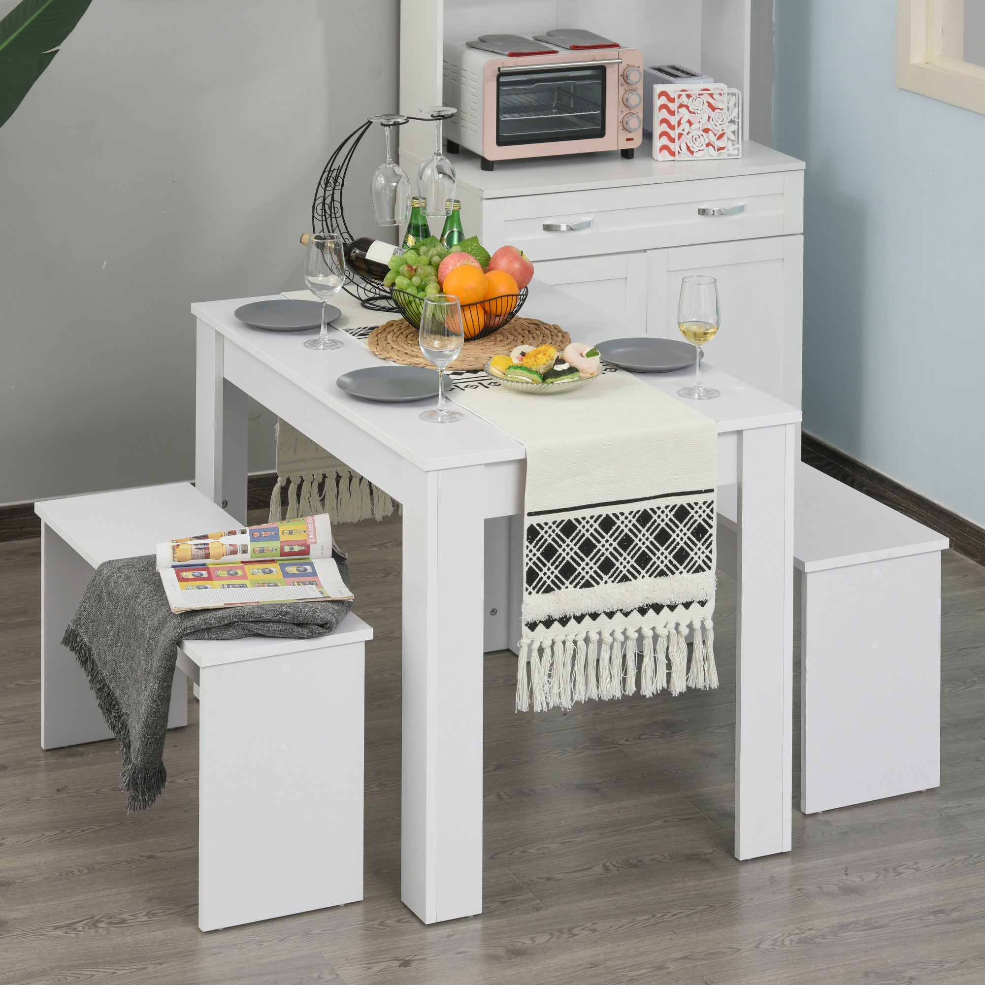 HOMCOM Kitchen Dining Table and 2 Benches Set, Table and Chairs Set for Limited Space, White - North Peak Garden Furniture