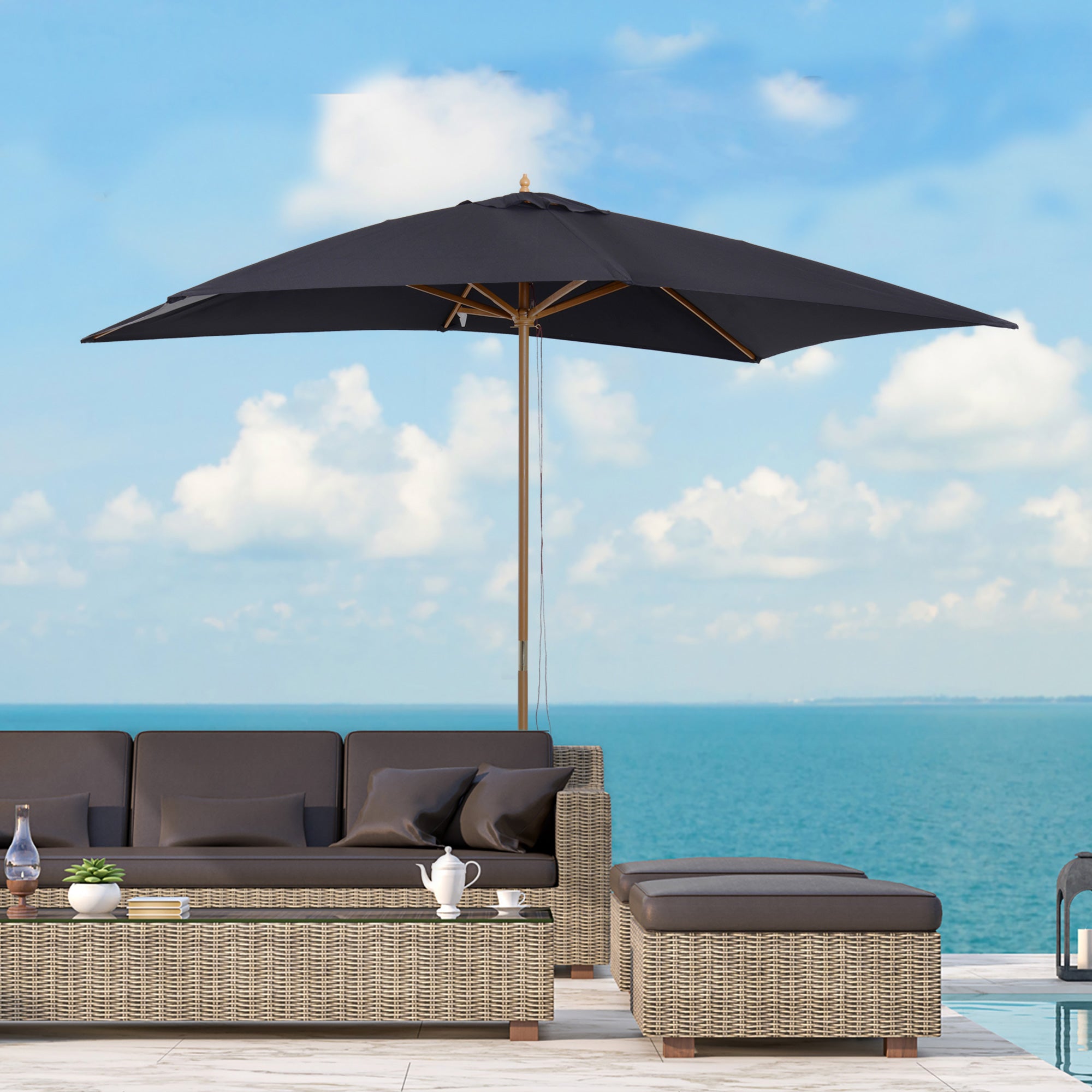 Outsunny 2 x 3m Wooden Garden Parasol Umbrella Outdoor Sun Shade Canopy, Black - North Peak Garden Furniture