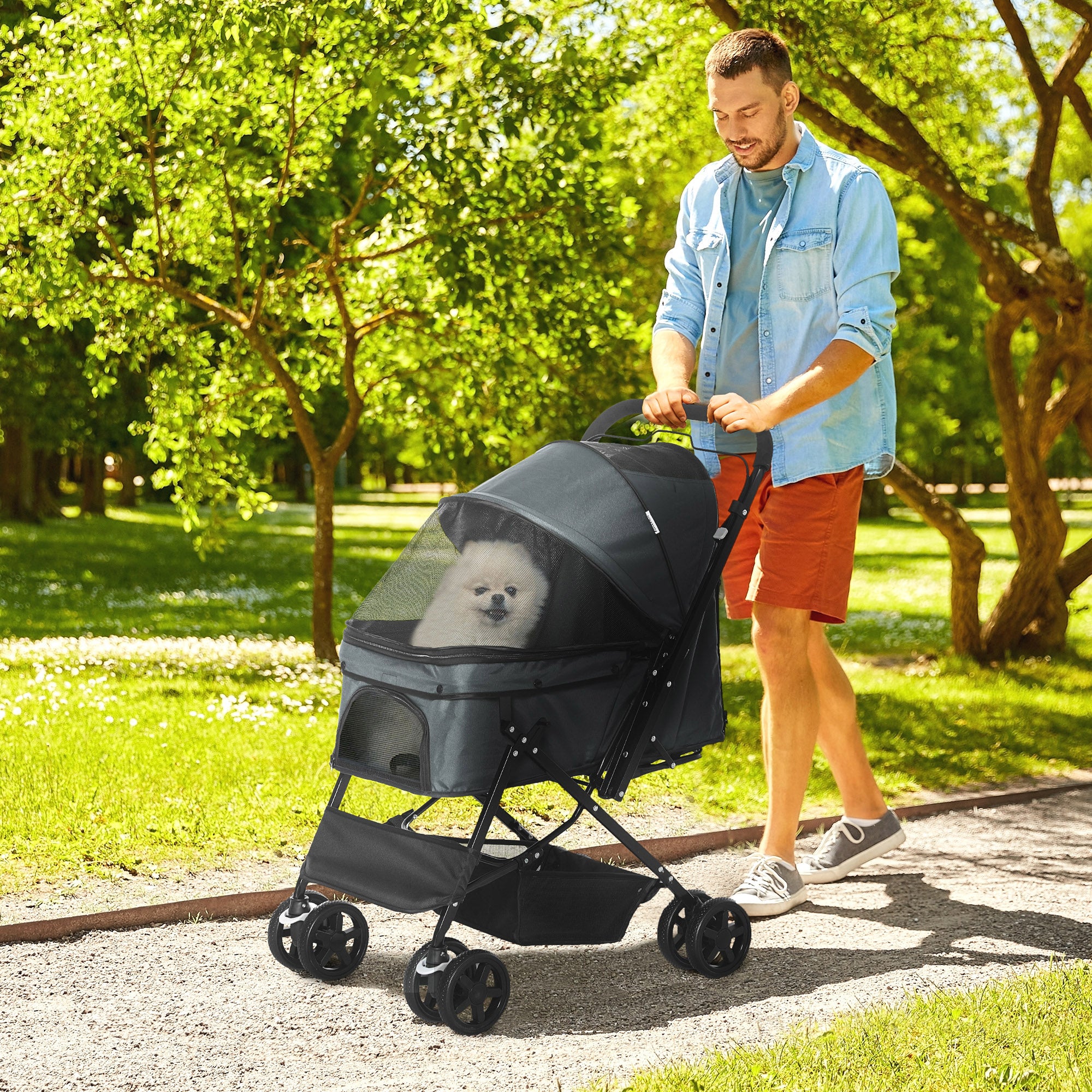 PawHut Pet Stroller Pushchair Foldable Travel Dog Cat Carriage w/ Reversible Handle Brake Basket - North Peak Garden Furniture