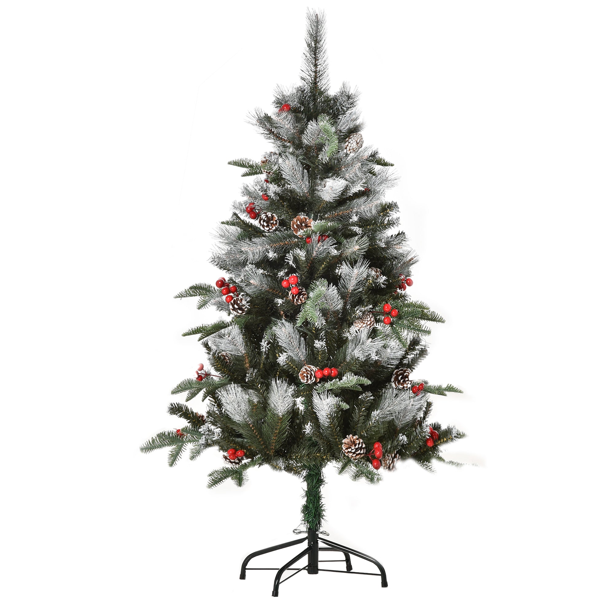HOMCOM 4FT Artificial Snow Dipped Christmas Tree Xmas Pencil Tree Holiday Home Party Decoration with Foldable Feet Red Berries White Pinecones, Green - North Peak Garden Furniture