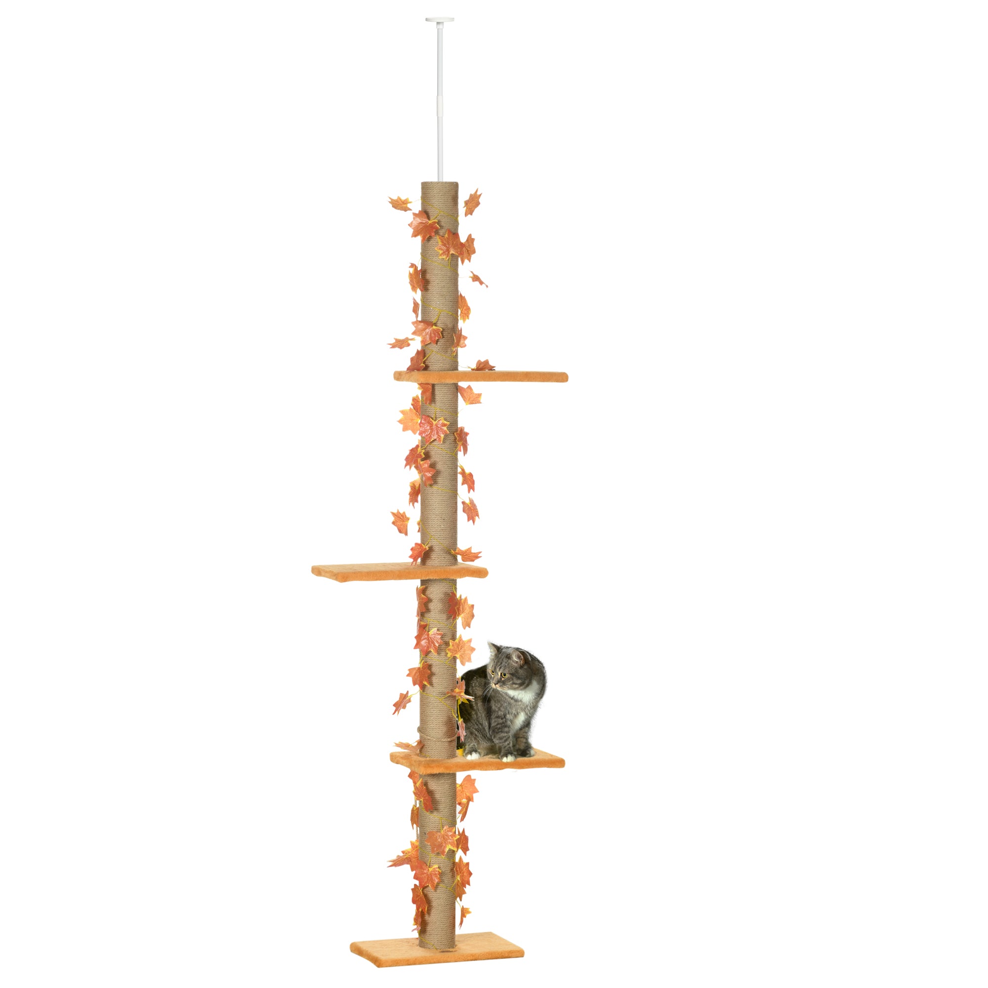PawHut 242cm Adjustable Floor-To-Ceiling Cat Tree, with Artificial Decoration, Perches, Anti-Slip Kit - Orange - North Peak Garden Furniture