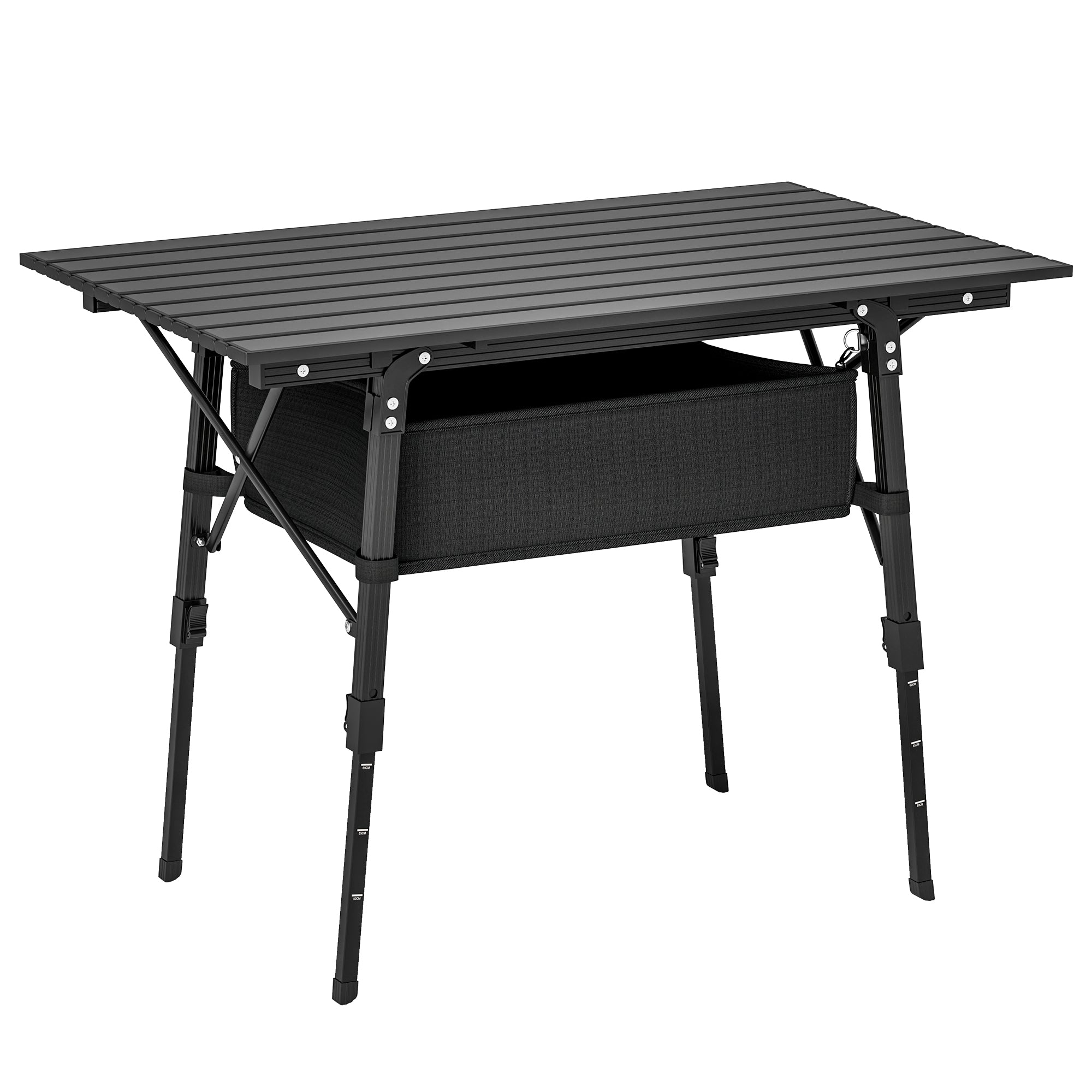 Outsunny Folding Camping Table, 90 x 55 cm Height Adjustable Portable Collapsible Table, 3ft Lightweight Aluminium Rollup Picnic Table with Storage Basket for Outdoor Garden Party BBQ, Black - North Peak Garden Furniture