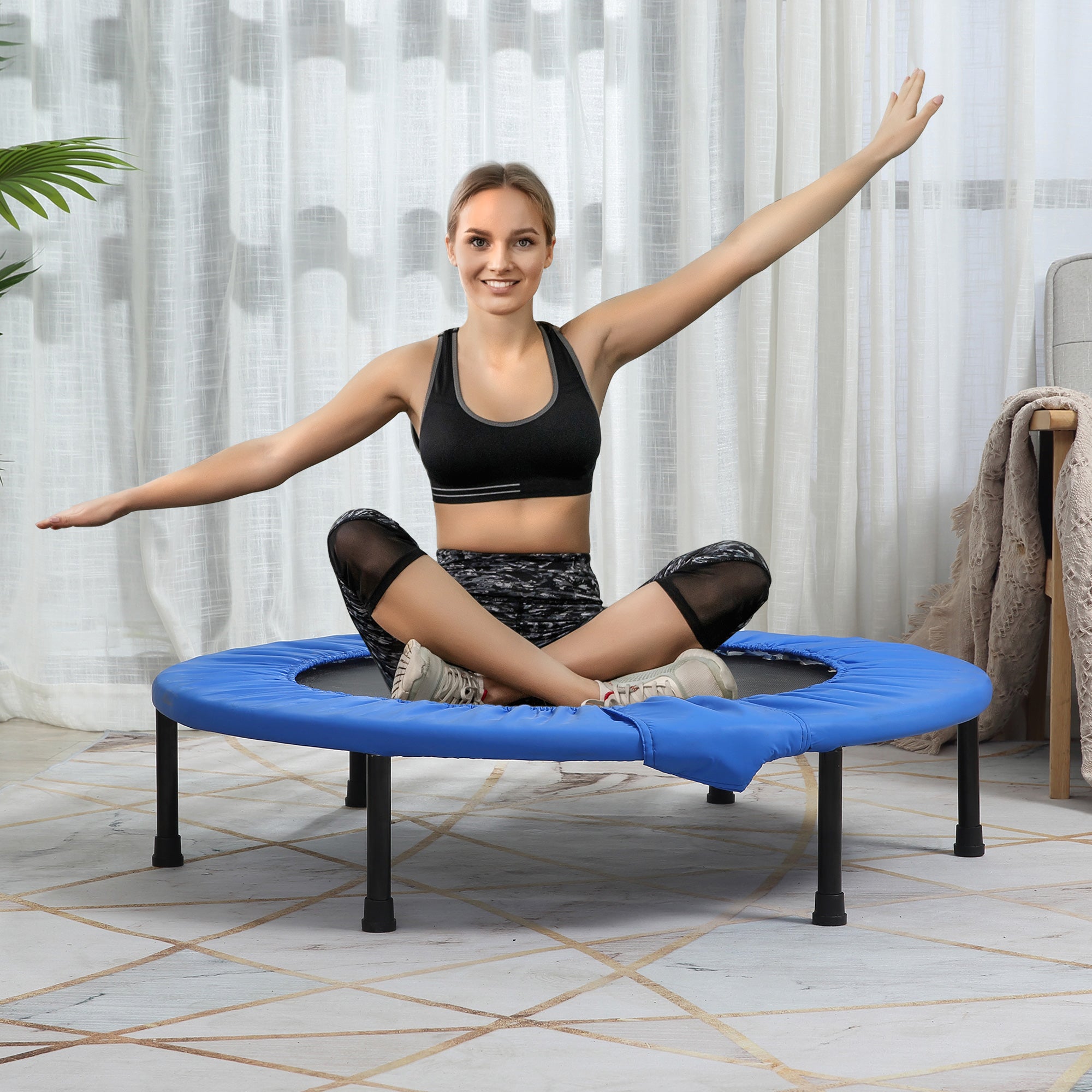 HOMCOM Φ96cm Mini Fitness Trampoline Home Gym Yoga Exercise Rebounder Indoor Outdoor Jumper w/ Safety Pad, Support Up to 100 KG, Blue and Black - North Peak Garden Furniture
