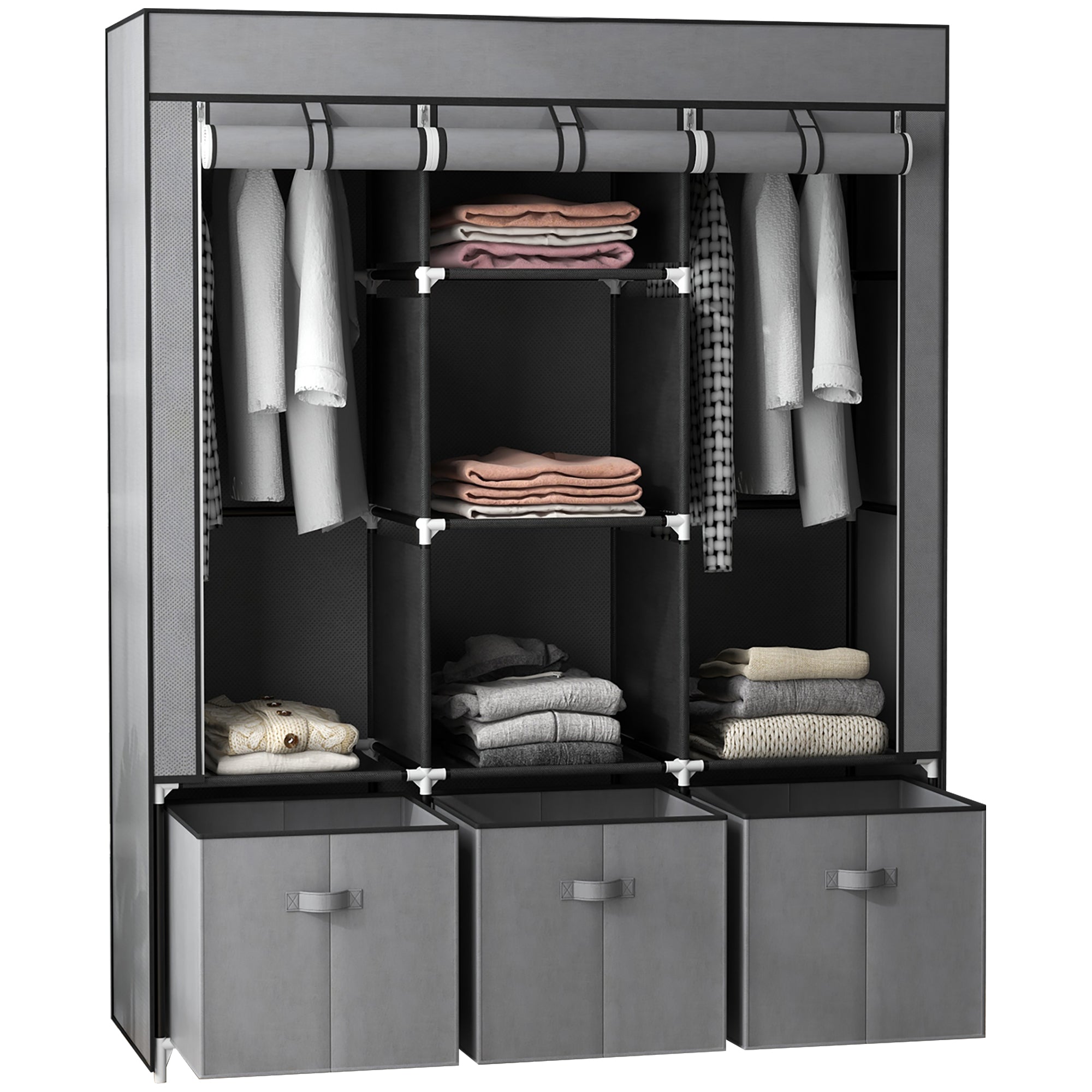 HOMCOM Fabric Wardrobe for Bedroom, Portable Wardrobe with 5 Shelves, 2 Hanging Rails and 3 Fabric Drawers, Foldable Closet, 125 x 43 x 162.5cm, Dark Grey - North Peak Garden Furniture