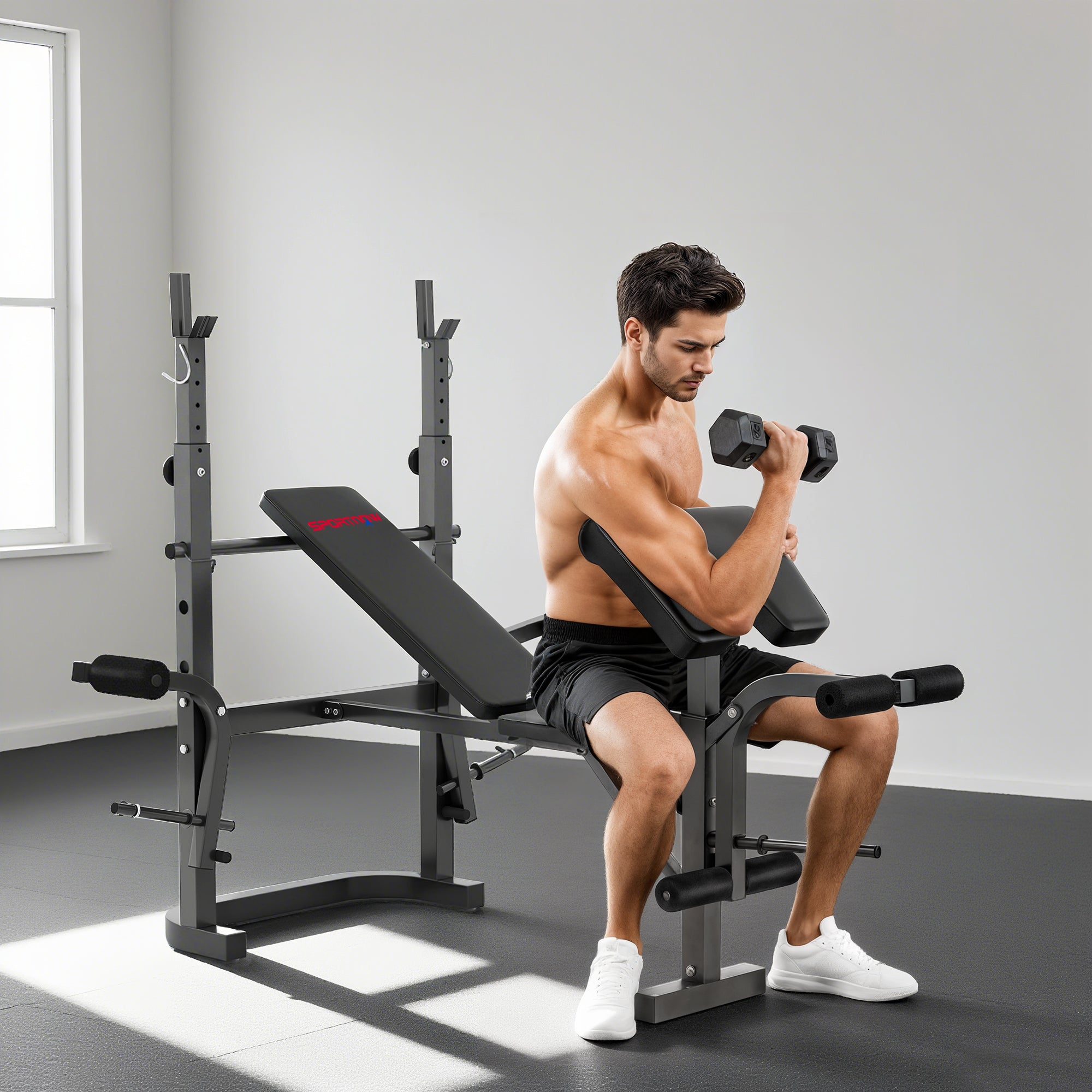 SPORTNOW Adjustable Weight Bench with Bench Press Rack, Preacher Curl Bench, Leg Extension and Lat Pull Down Machine, Incline or Flat Workout Bench for Home Gym Strength Training Weight Lifting