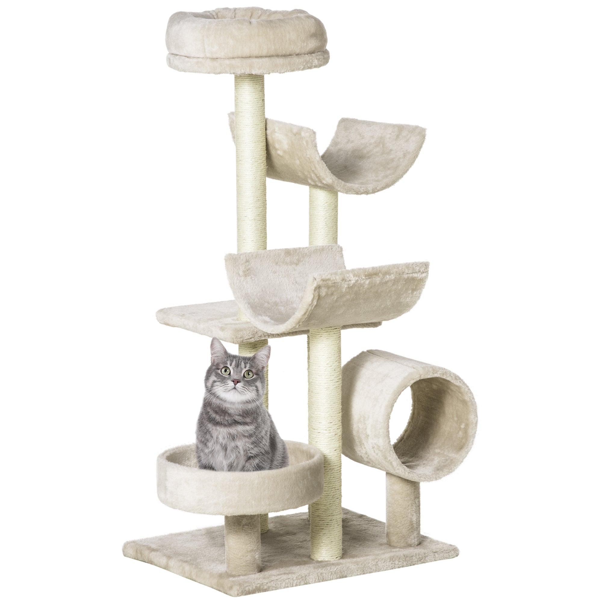 PawHut Cat Tree for Indoor Cats Kitten Pet Scratching Post Perch Activity Center Scratcher Climb Post Play House Arch with Tunnel 105cm Tall Beige - North Peak Garden Furniture