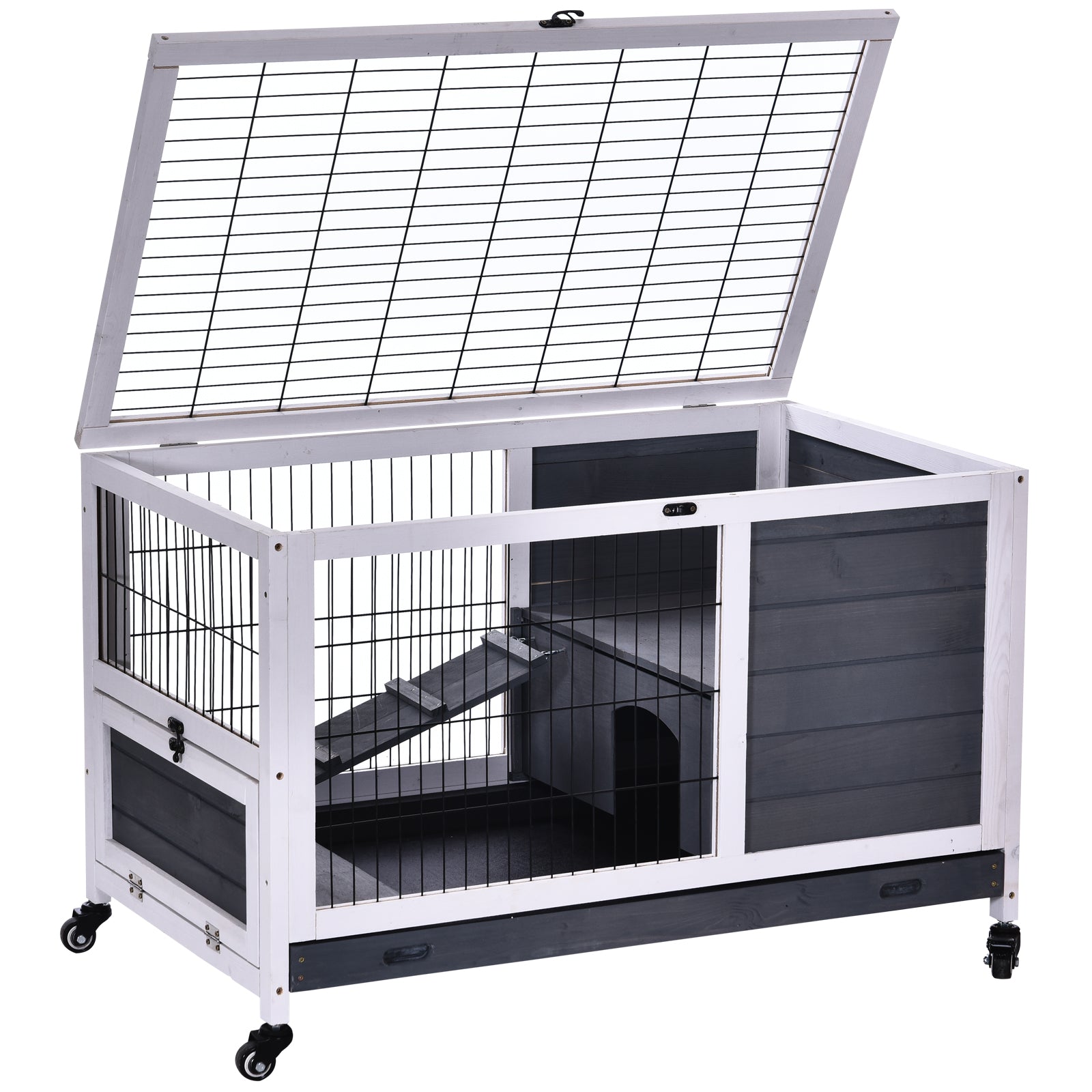 PawHut Wooden Guinea Pig Hutch, 2-Floor Bunny Cage w/ Enclosed Run Area, Grey - North Peak Garden Furniture