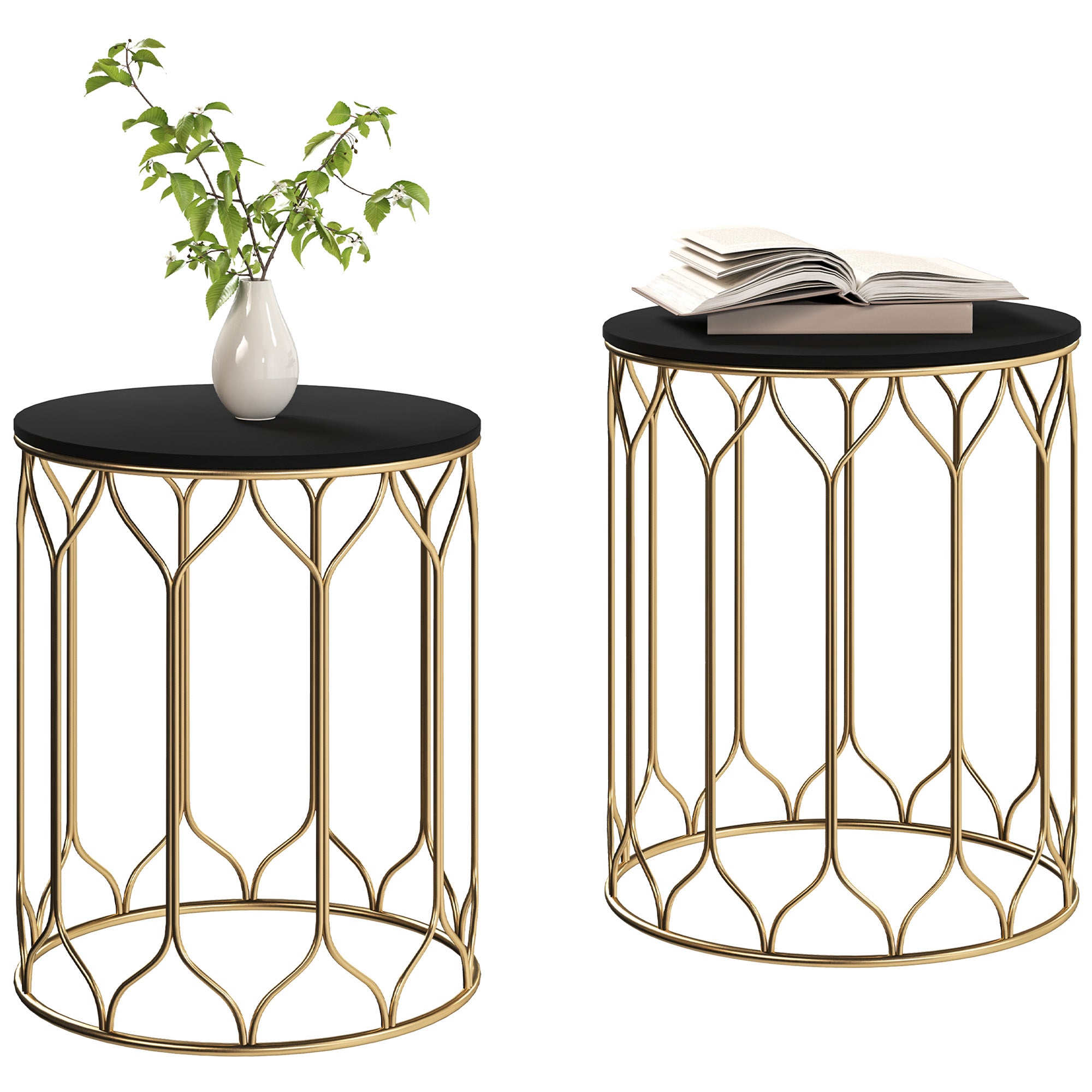 Outsunny Garden Side Table Set of 2, Nesting Tables with Ceramic Tile Top, Indoor Outdoor Small Garden Tables, Multifunctional End Tables with Metal Frame for Patio, Balcony, Porch, Black - North Peak Garden Furniture