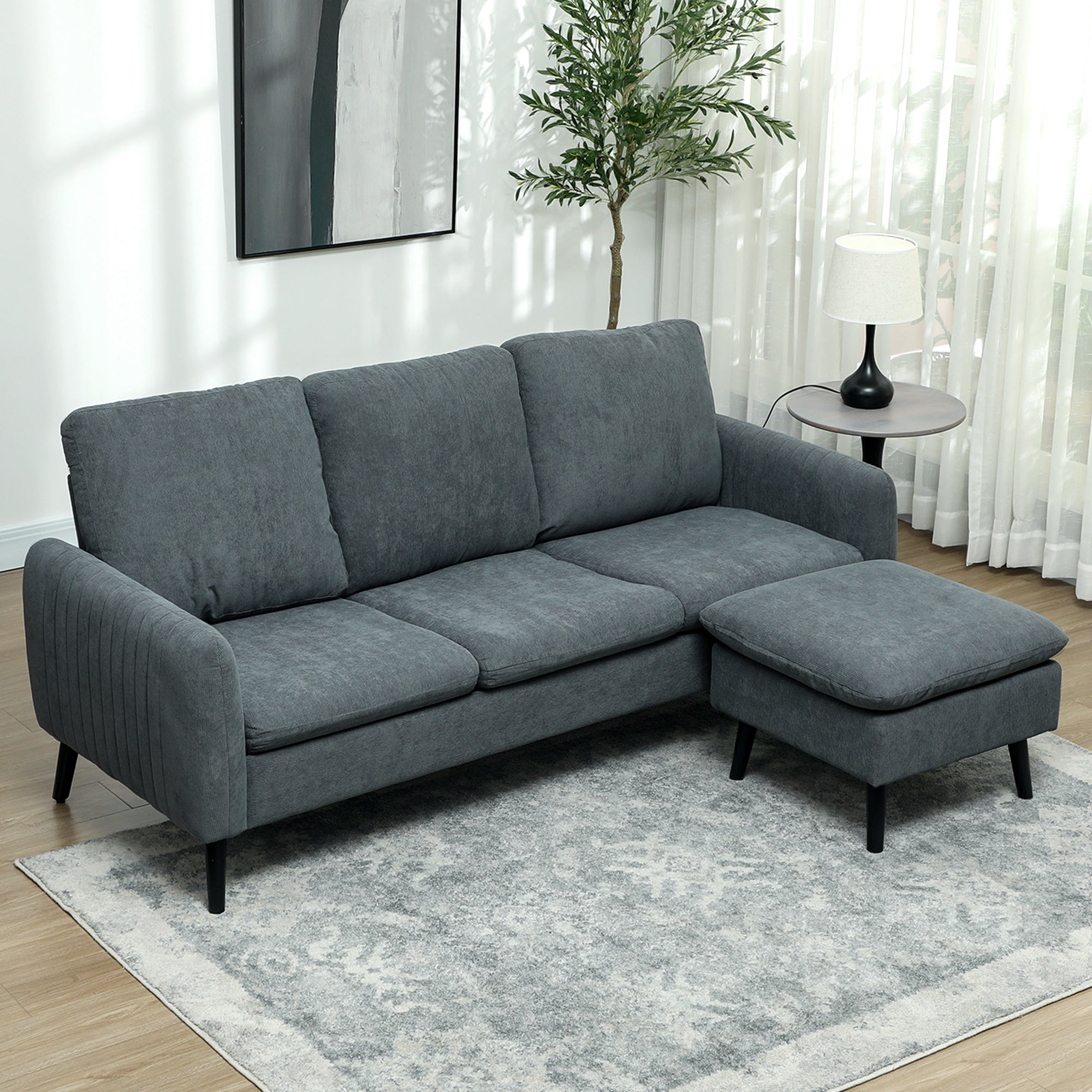 HOMCOM Corner Sofa with Reversible Chaise Lounge, Corduroy Fabric 3 Seater Sofa Settee for Living Room, L Shaped Couch with Scatter Back, Left/Right Hand, Charcoal Grey - North Peak Garden Furniture