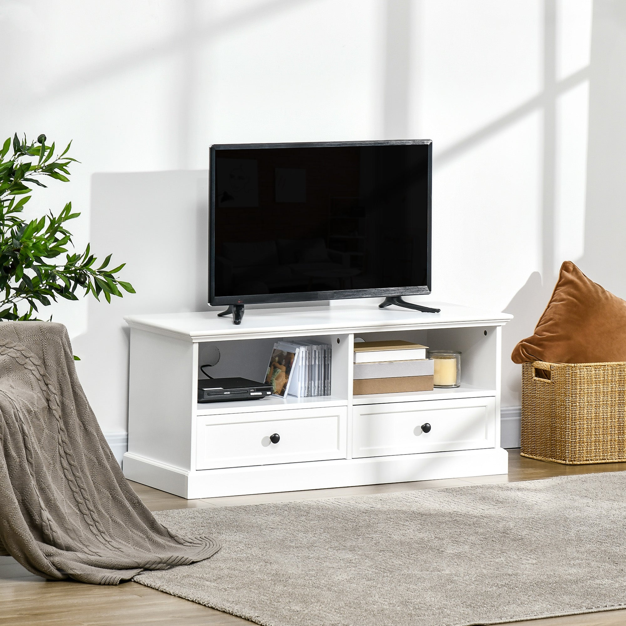HOMCOM Modern TV Unit Cabinet for TVs up to 45 Inches, TV Stand with Drawers, Open Shelves, Cable Holes for Living Room, White - North Peak Garden Furniture
