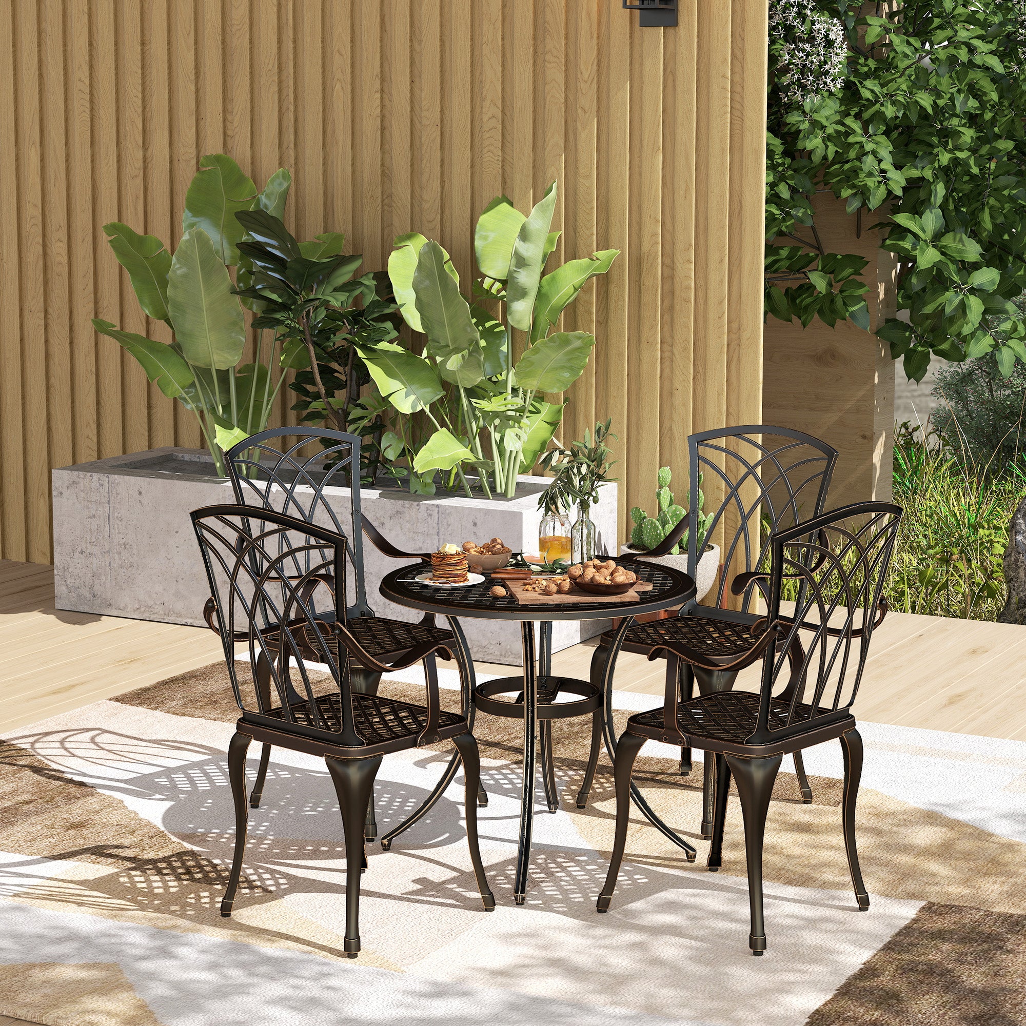 Outsunny 5 Pieces Garden Dining Set for 4, Cast Aluminium Outdoor Dining Set with 4 Armchairs and Round Dining Table with Parasol Hole, Garden Furniture Set, Bronze Tone - North Peak Garden Furniture