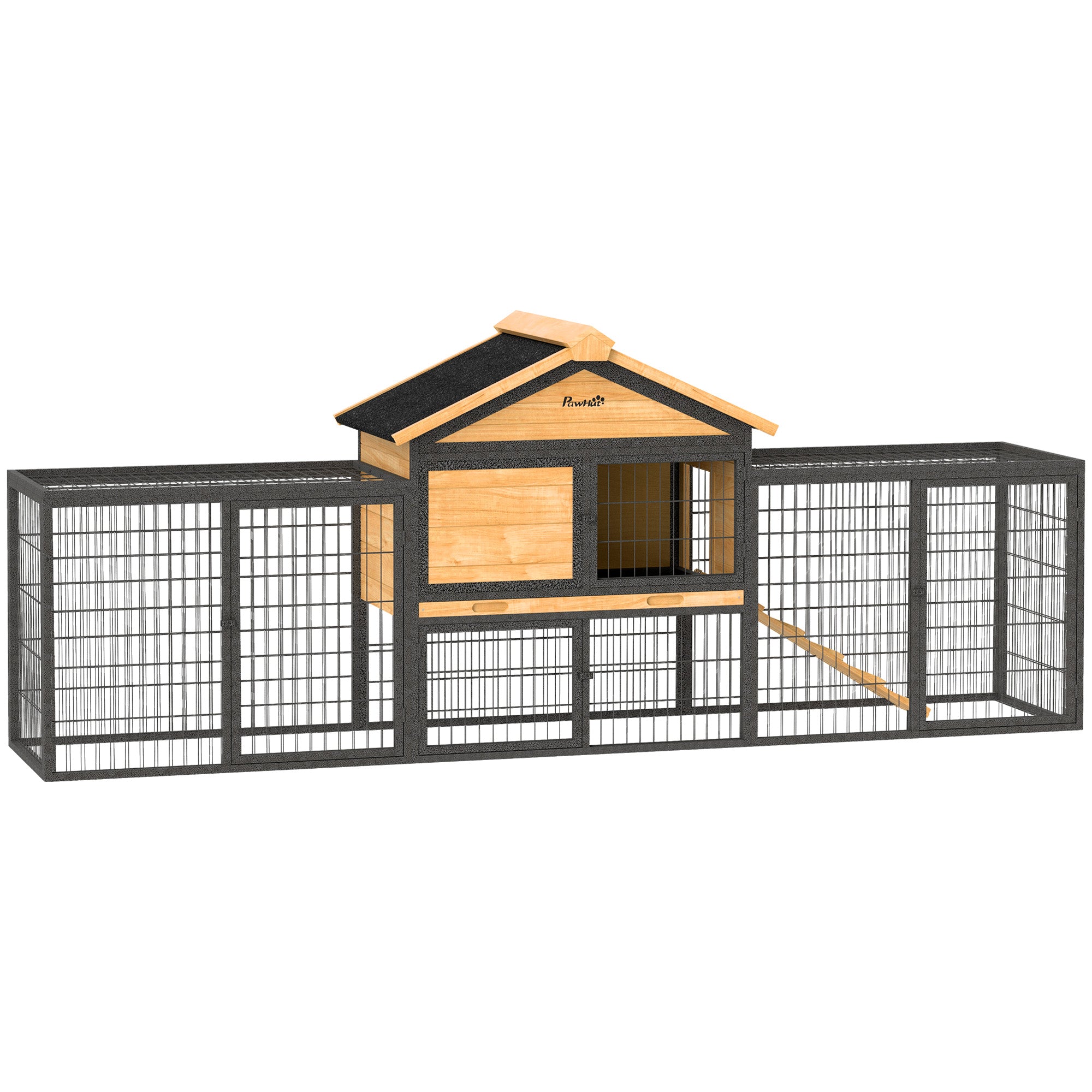 PawHut Wooden Rabbit Hutch Outdoor with Steel Run, Wooden Guinea Pig Cage with Removable Plastic Tray, Asphalt Roof, Ramp - North Peak Garden Furniture
