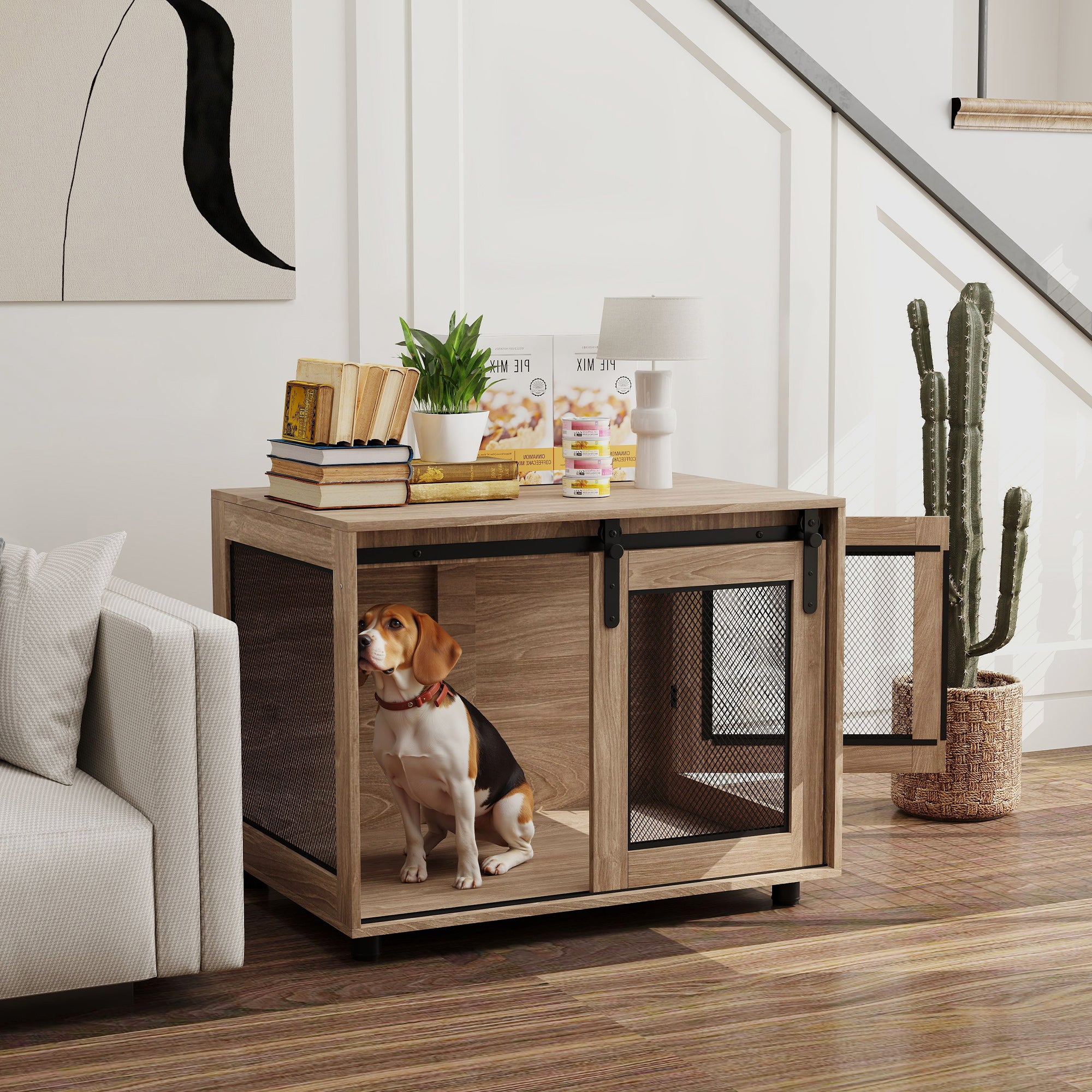 PawHut Dog Crate Furniture with Sliding Door for Medium Dogs, 80 x 58.5 x 63cm, Walnut Brown - North Peak Garden Furniture