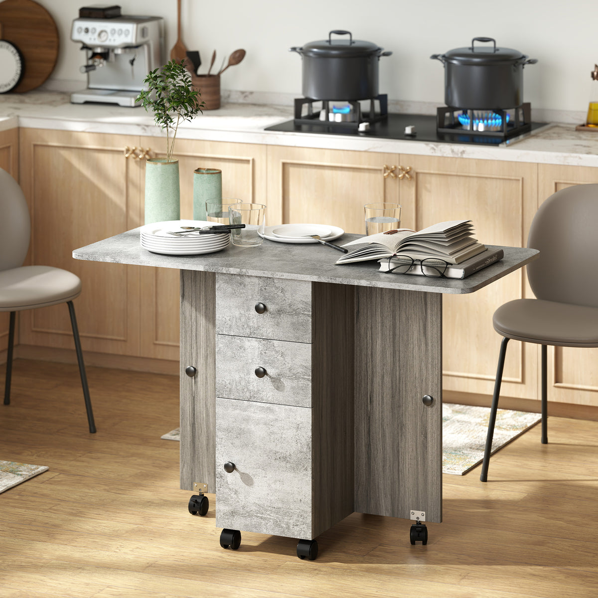 HOMCOM Multi-Storage Six-Person Drop Leaf Dining Table - Mixed Grey