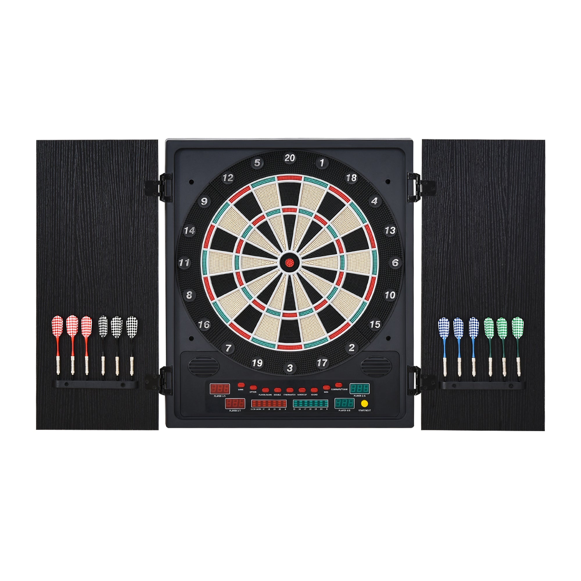 HOMCOM Electronic Dartboard Set, 27 Games Modes and 202 Variations, LED & 12 Soft Tip Darts and Cabinet to Storage, Ready-to-Play Multi-Game Option Darts Machine - North Peak Garden Furniture
