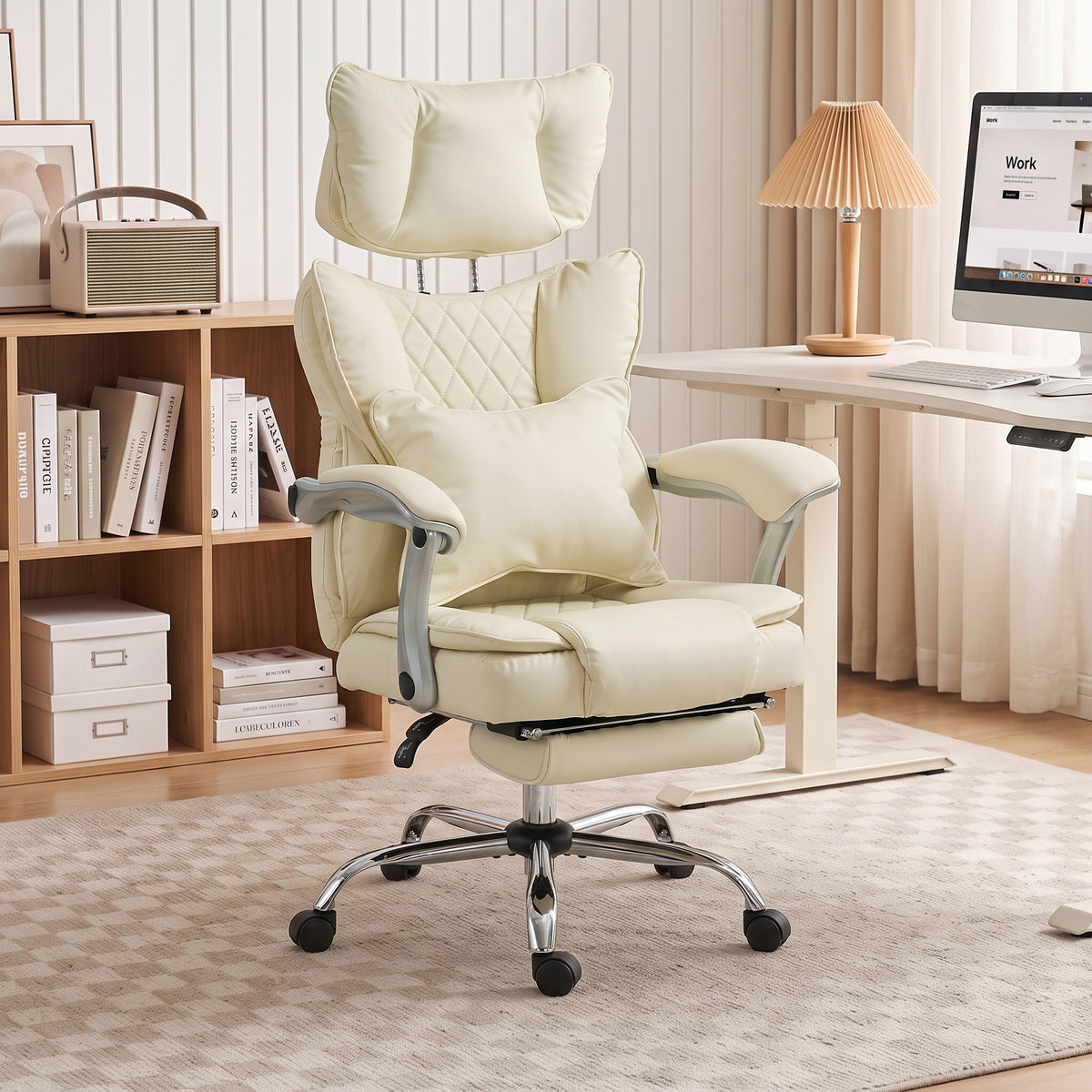 HOMCOM Executive Office Chair, PU Big and Tall Office Chair 180 kg with Wide Seat, Reclining, Lumbar Support, Beige