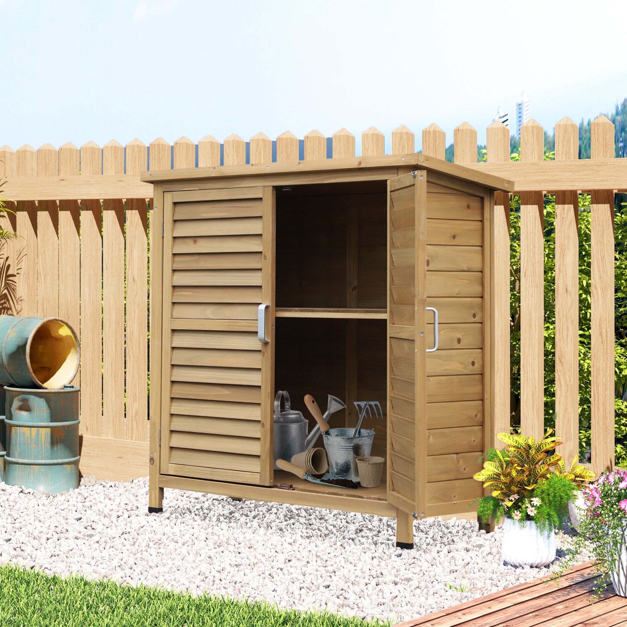 Outsunny Garden Shed Wooden Garden Storage Shed 2 Door Unit Solid Fir Wood Garage Tool Organisation Cabinet, 87L x 46.5W x 96.5Hcm, Natural - North Peak Garden Furniture