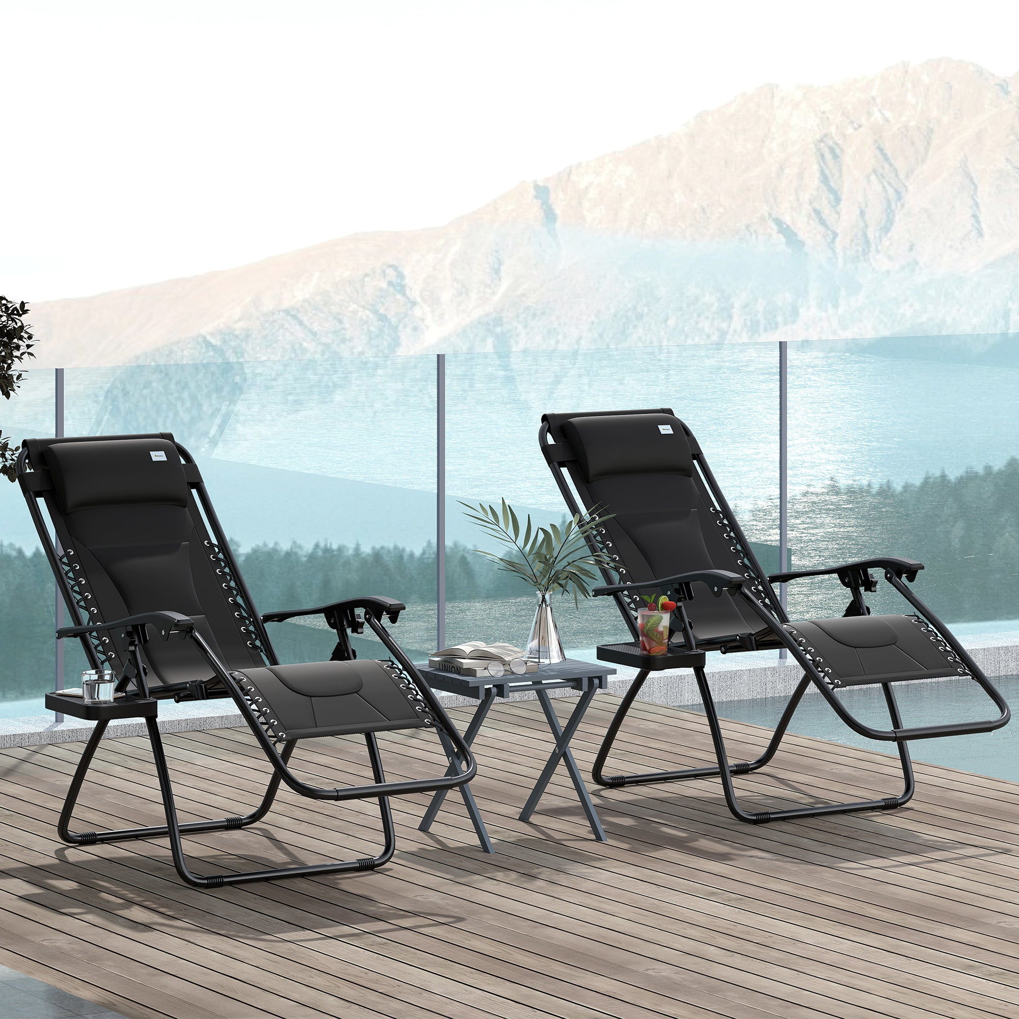 Outsunny Zero Gravity Lounger Chair Set of 2, Folding Reclining Patio Chair with Padded Seat, Cup Holder, Soft Cushion and Headrest for Poolside, Camping, Black - North Peak Garden Furniture