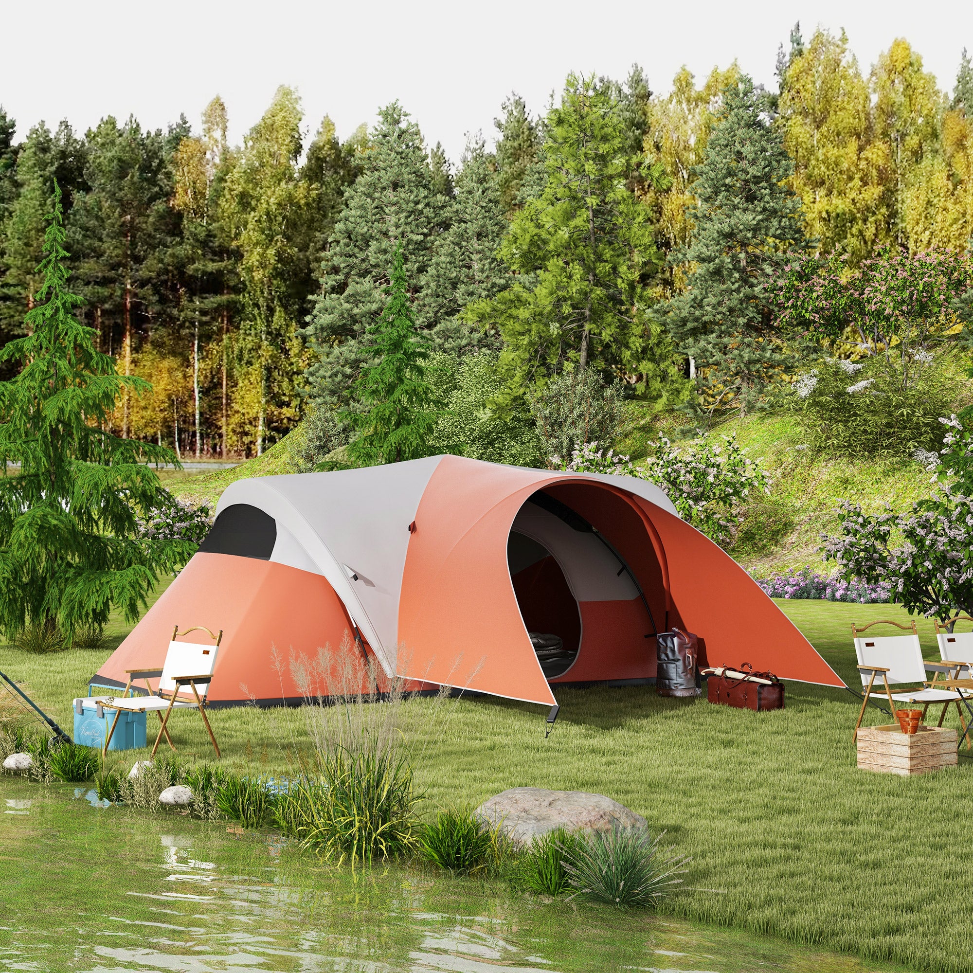 Outsunny 3000mm Waterproof Camping Tent for 5-6 Man, Family Tent with Porch and Sewn in Groundsheet, Portable with Bag, Orange - North Peak Garden Furniture