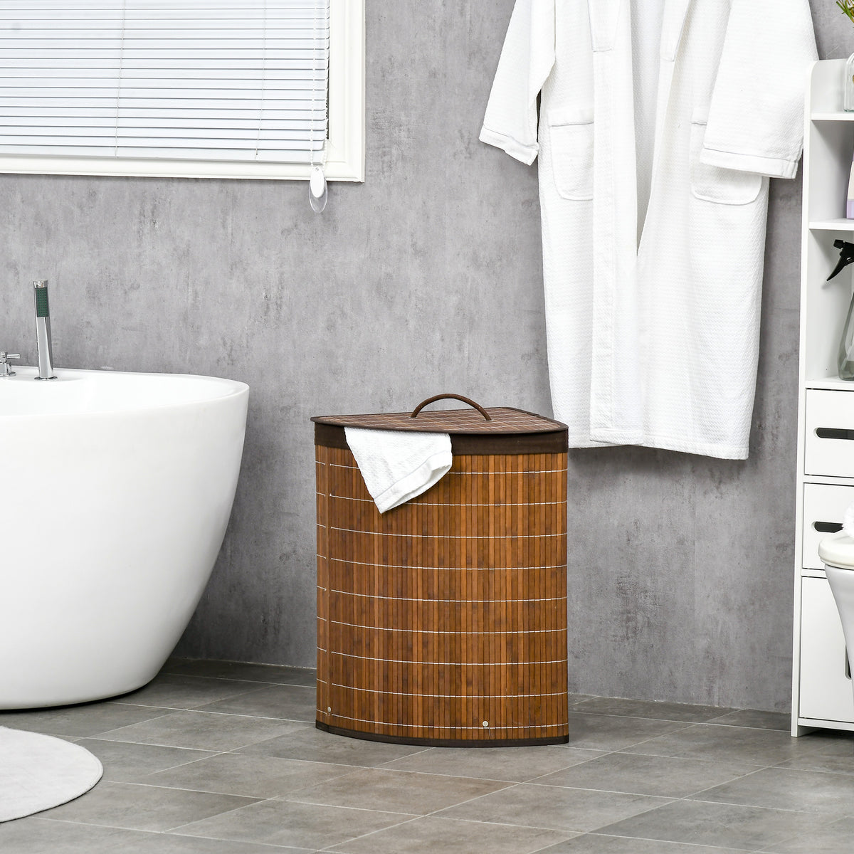 HOMCOM Bamboo Laundry Basket with Lid, 55 Litres Laundry Hamper with Removable Washable Lining, Corner Washing Baskets, 38 x 38 x 57cm, Brown