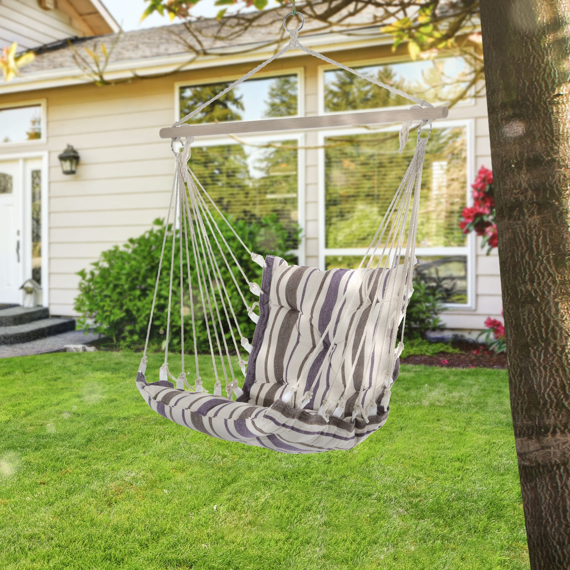 Outsunny Outdoor Hanging Rope Chair with Soft Padded Seat & Backrest, Garden Hammock Chair with Wooden Support Bar Cotton Cloth, Portable Garden Chair for Patio & Tree, Brown - North Peak Garden Furniture