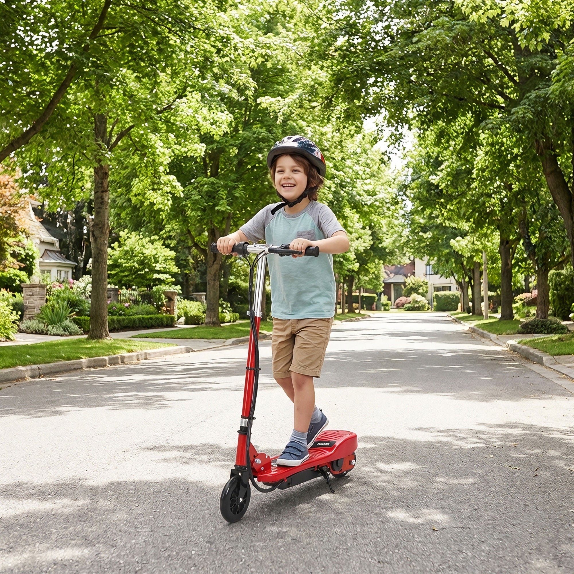 HOMCOM Folding Electric Kids Scooter Ride on Age 7-14, Red/Black