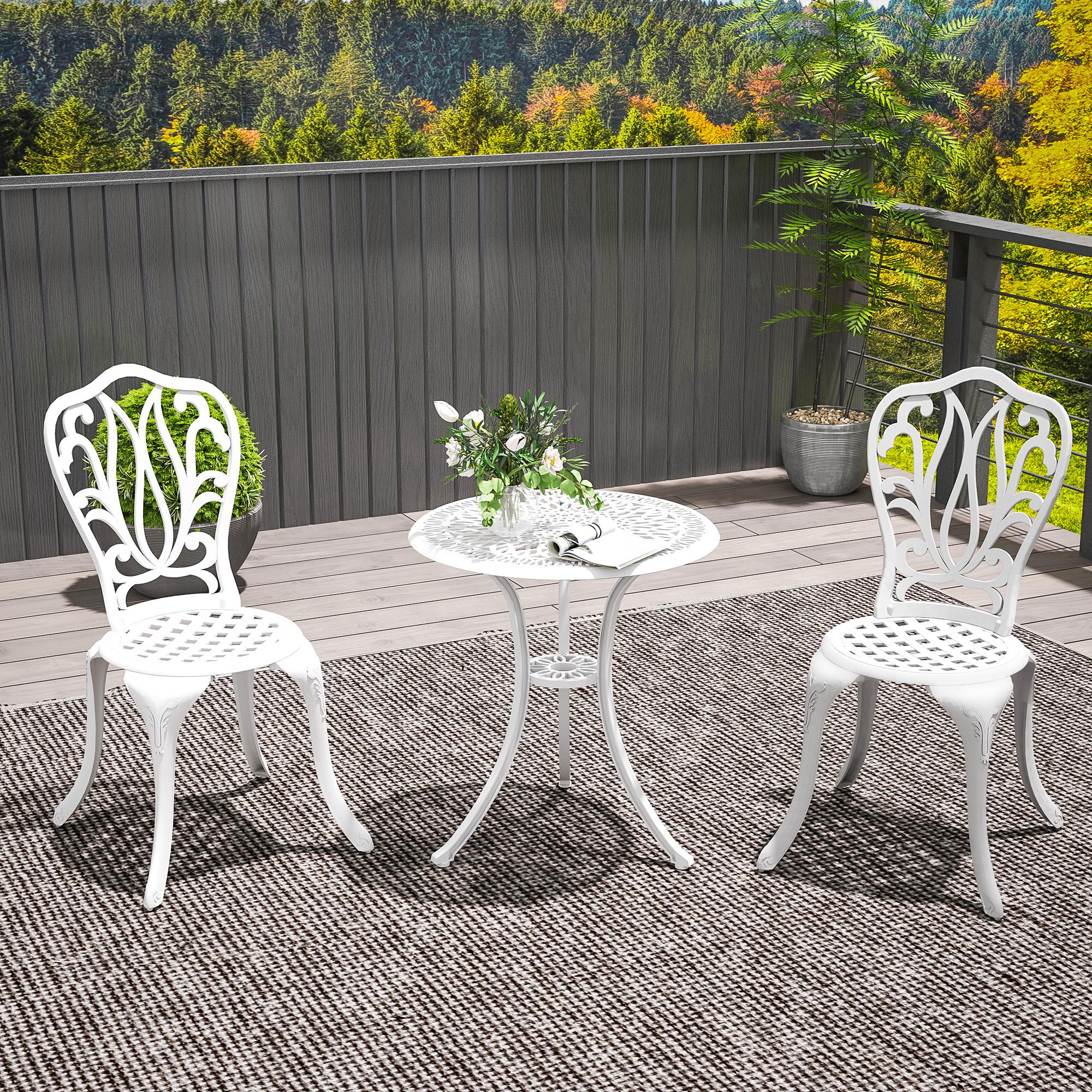 Outsunny 3 Piece Garden Bistro Set, Cast Aluminium Outdoor Furniture Set with Umbrella Hole for Balcony, Porch, Patio, White - North Peak Garden Furniture