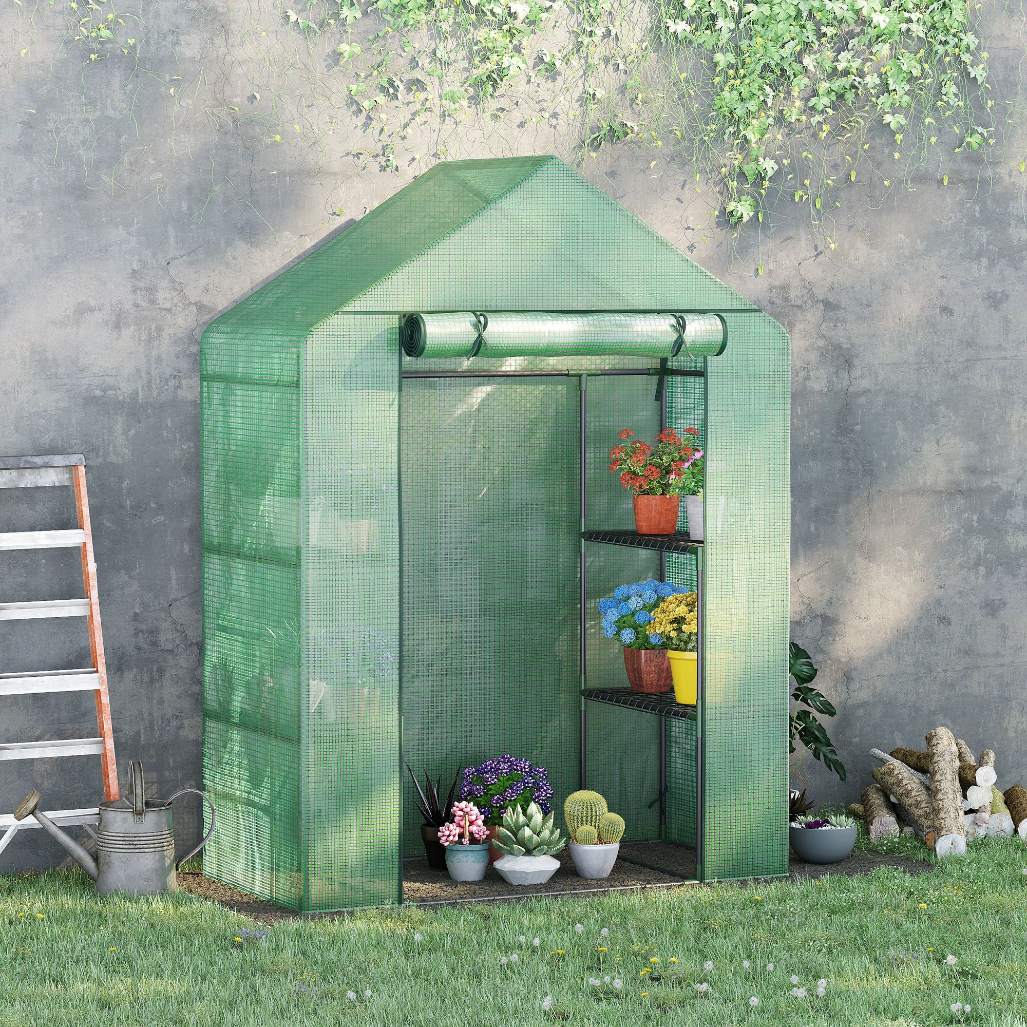 Outsunny Walk In Greenhouse for Outdoor, Portable Gardening Plant Grow House with 2 Tier Shelf, Roll-Up Zippered Door, PE Cover, 141 x 72 x 191cm, Green - North Peak Garden Furniture