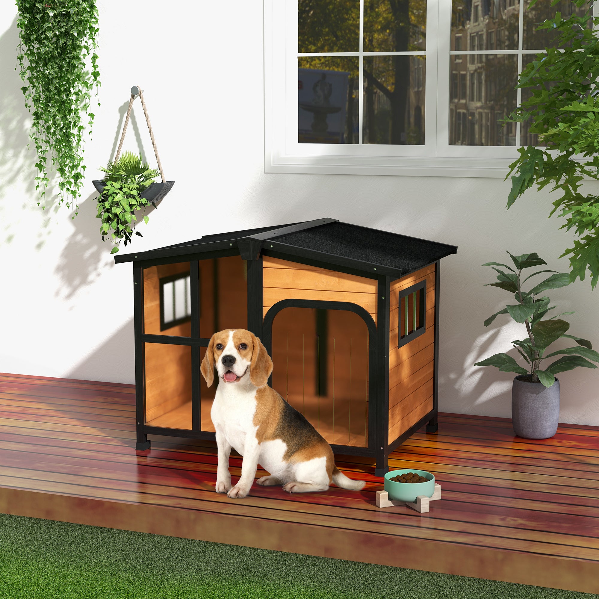 PawHut Wooden Dog Kennel with Removable Floor, Asphalt and Openable Roof, Giant Window for Large Dogs, Yellow - North Peak Garden Furniture