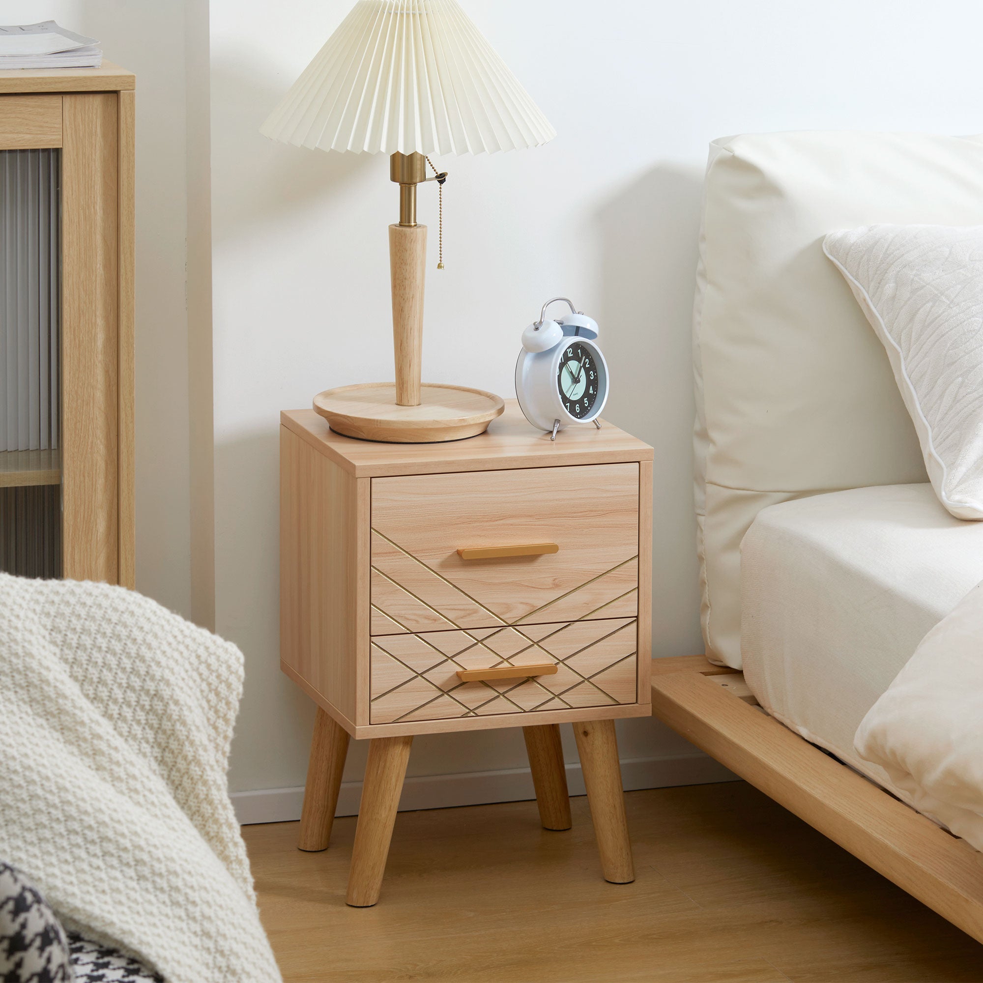 HOMCOM Bedside Cabinet, Scandinavian Bedside Table with Drawers, Bed Side Table with Wood Legs, Natural - North Peak Garden Furniture