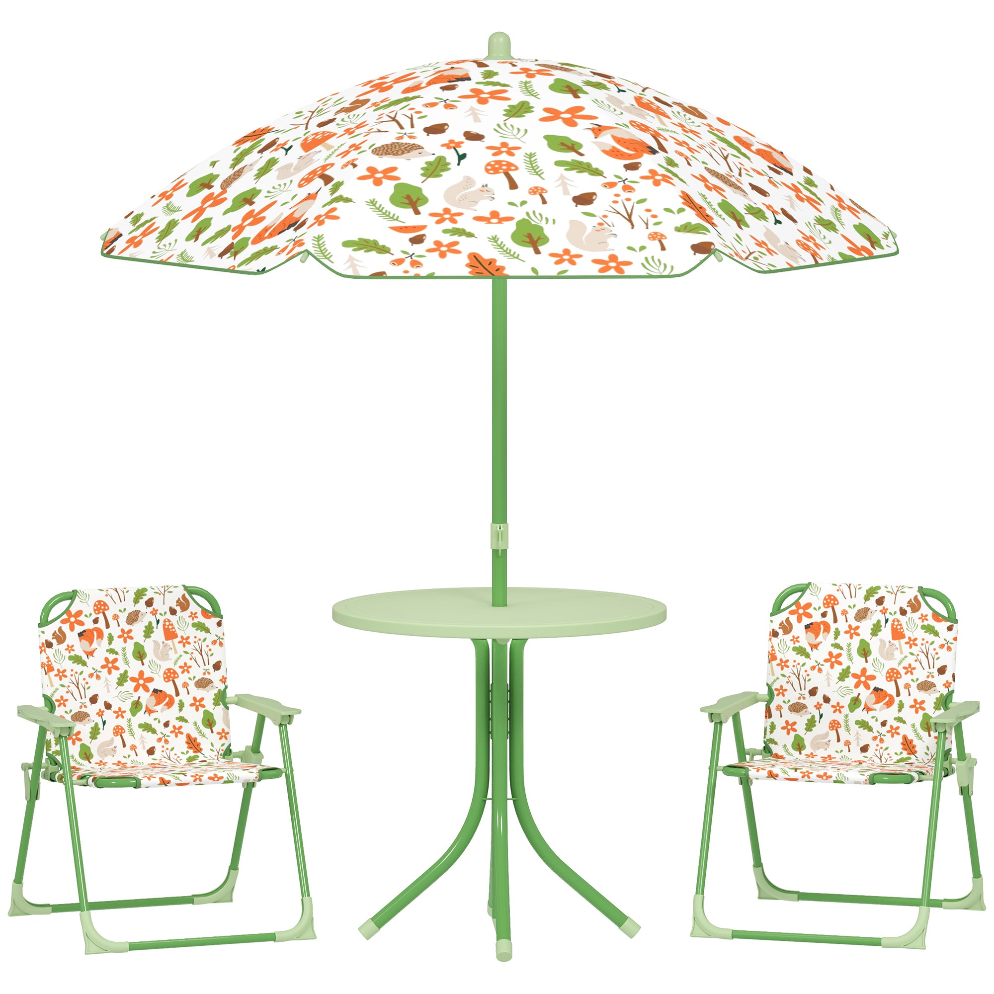 AIYAPLAY 4 Pieces Kids Garden Table and Chair Set with Adjustable Parasol, Folding Chairs, Table, Fox Pattern, Green - North Peak Garden Furniture