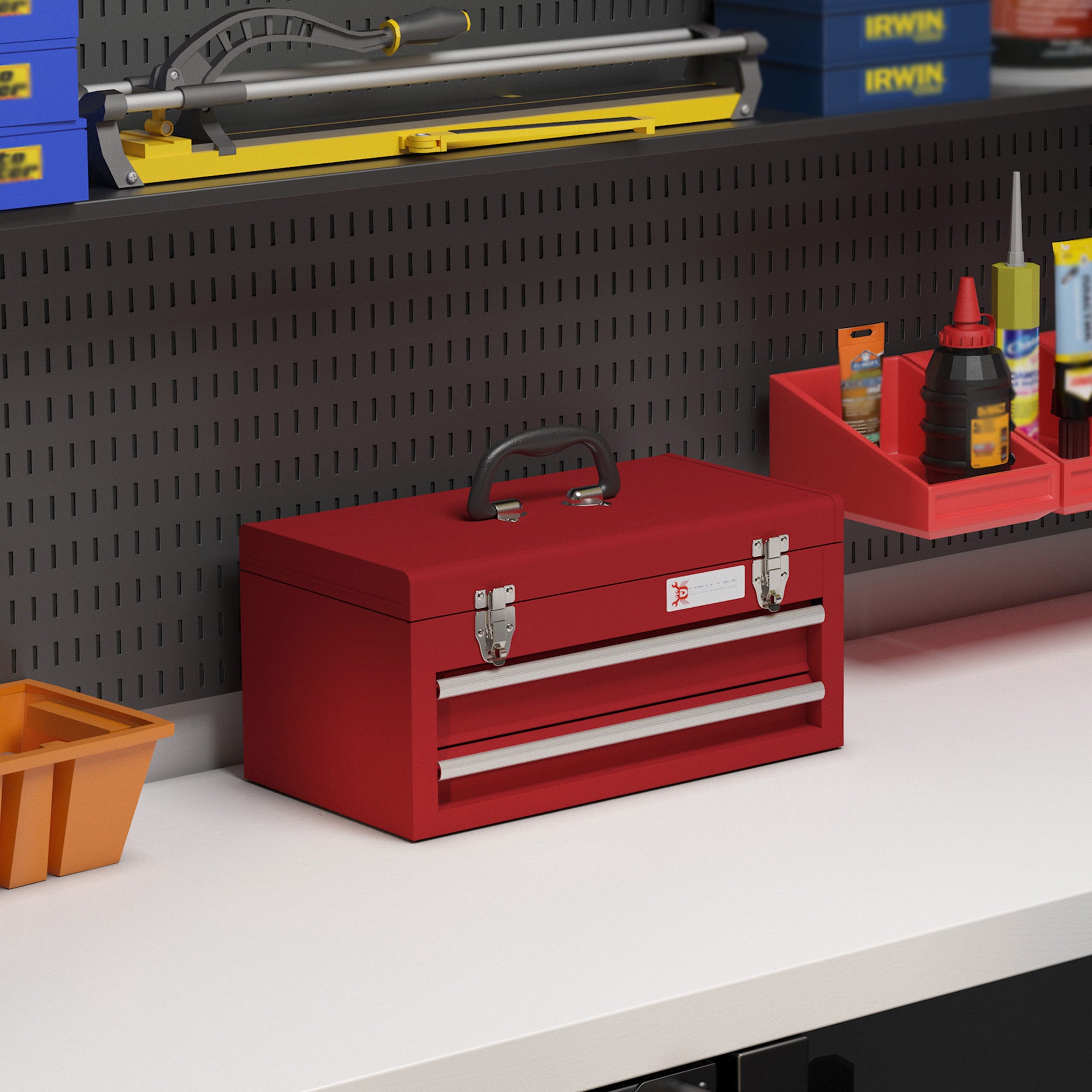 DURHAND Lockable Metal Tool Box, 2 Drawer Tool Chest with Latches, Handle, Ball Bearing Runners, Red - North Peak Garden Furniture