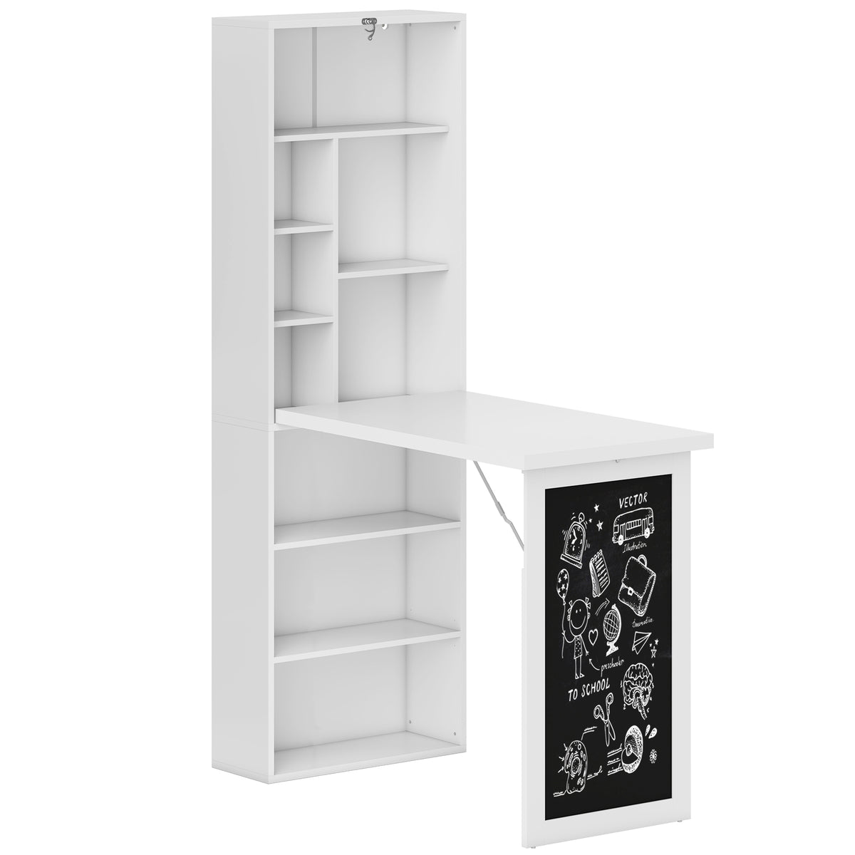 HOMCOM Fold-out Convertible Writing Desk Wall Mount Cabinet with Blackboard and Side Shelf Multi-Function Home Office Workstation, White