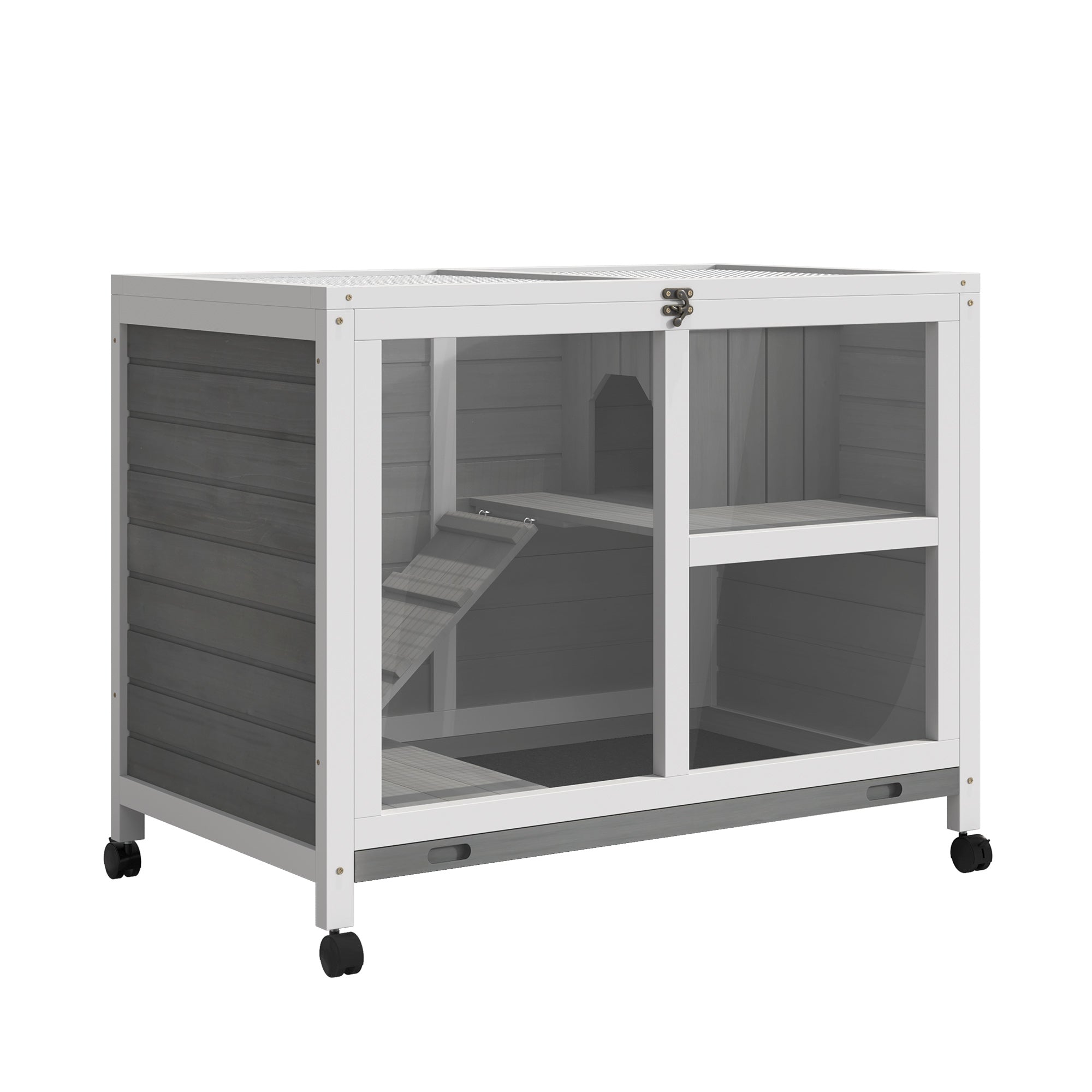 PawHut Wooden Rabbit Hutch Indoor with Wheels, Openable Roof, 91.5 x 53.3 x 73 cm, Grey - North Peak Garden Furniture