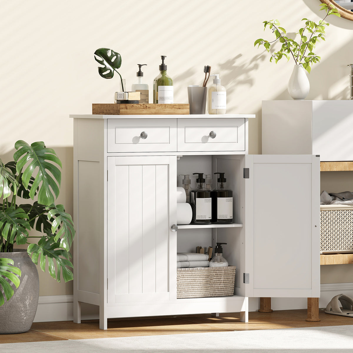 kleankin 75x60cm Freestanding Bathroom Storage Cabinet Unit w/ 2 Drawers Cupboard Adjustable Shelf Metal Handles Traditional Style White