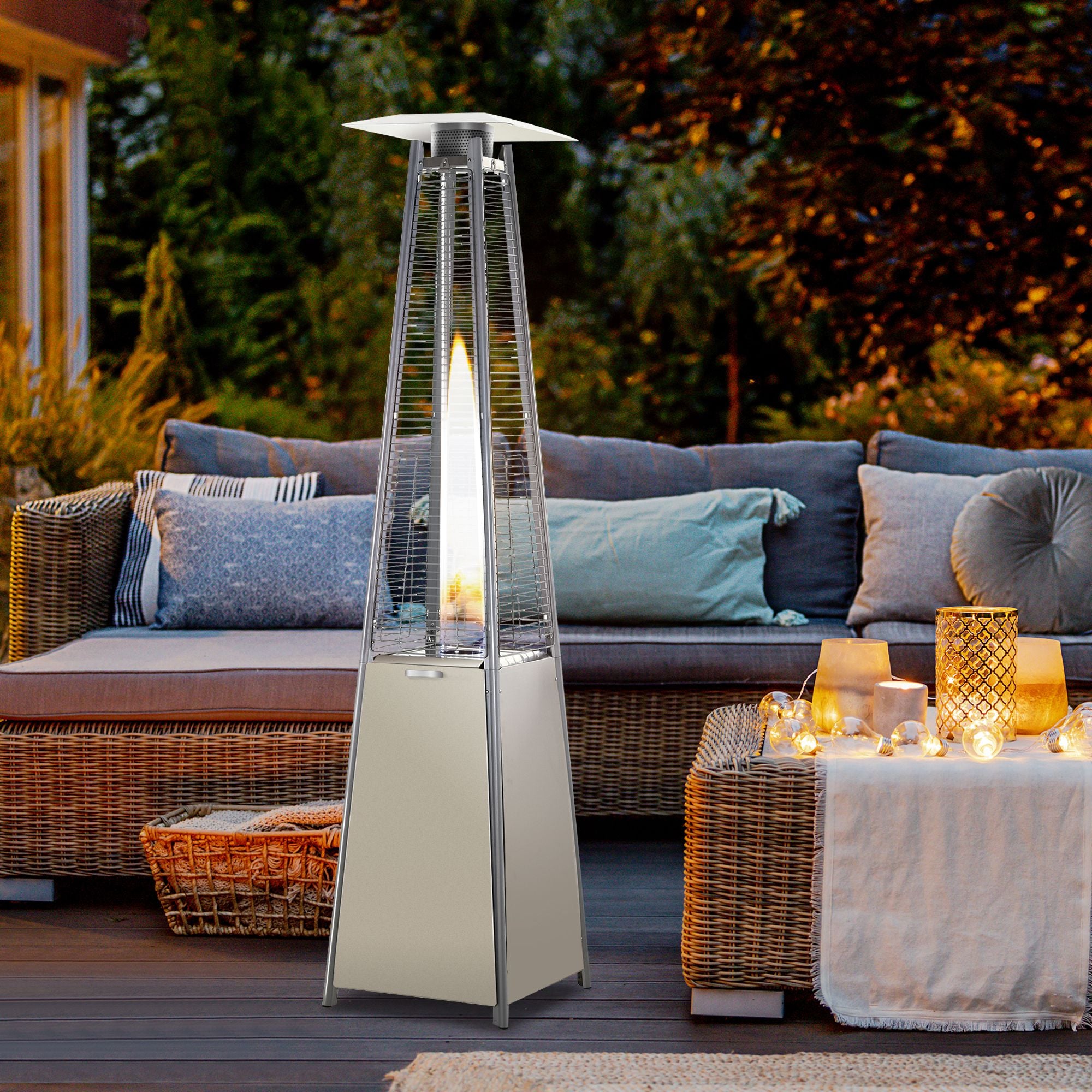 Outsunny Stainless Steel Outdoor Garden Pyramid Patio Heater with Wheels and Rain Cover - Silver - North Peak Garden Furniture